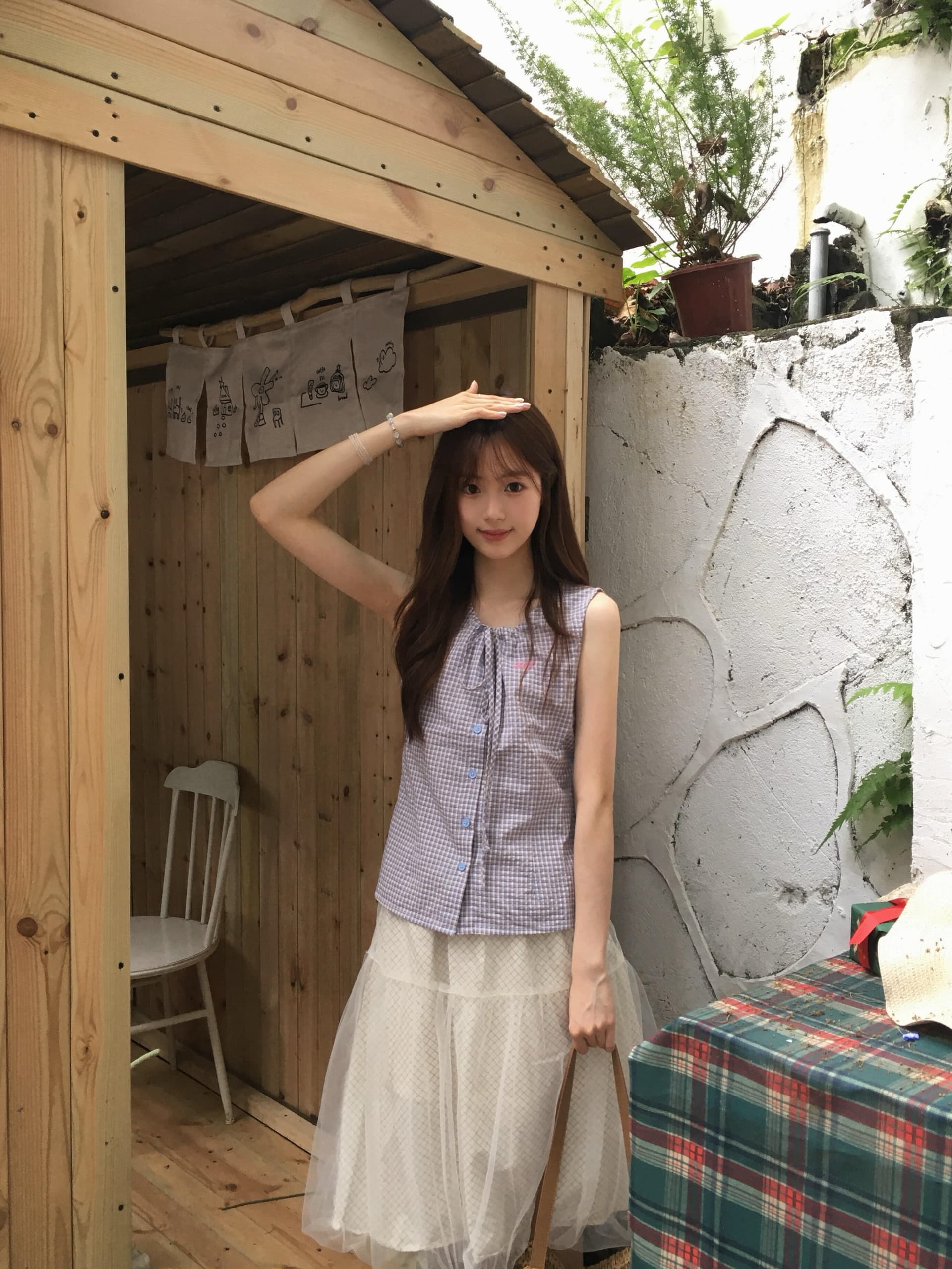 근거 없는 레이스업 체크무늬 민소매 여성 셔츠 여름 나비 매듭 라운드 넥 맨위 디자인 센스 프랑스식