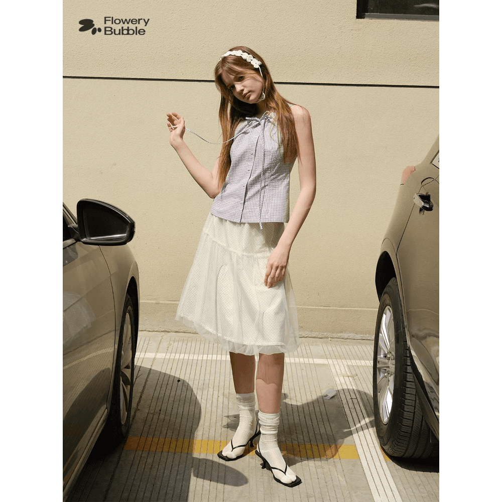 flowery bubble 폼 꽃 시장 여름 릴리 오브 더 밸리 체크무늬 민소매 셔츠 나비 매듭 조끼 맨위 이미지 5