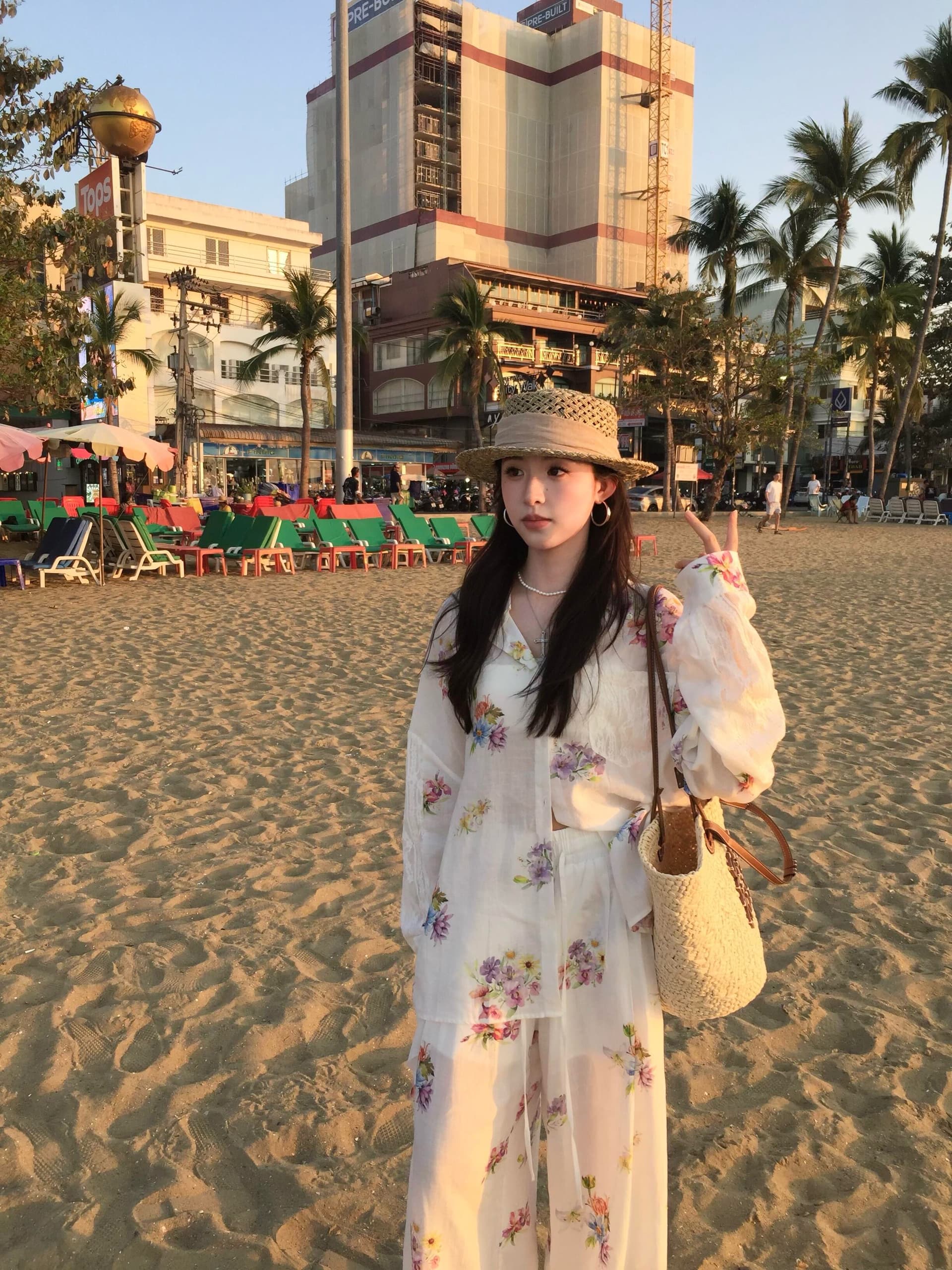 주간 실크 라미 꽃무늬 자외선 차단 셔츠 느긋한 넓은 다리 캐주얼 바지 이미지 2
