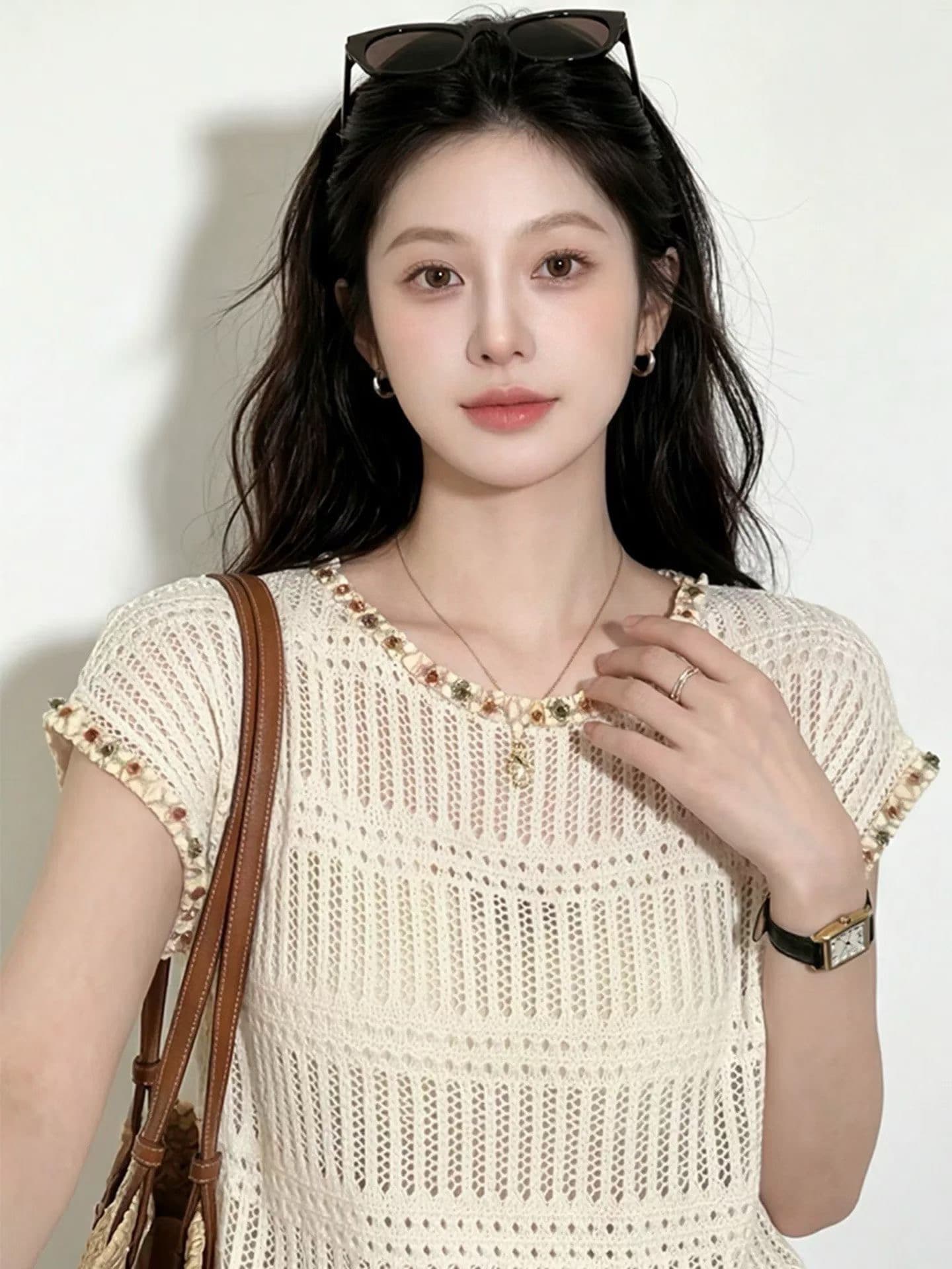 화이트 작은 샤넬 스타일 홀로우 아웃 니트 반팔 티셔츠 여성 디자인 센스 작은 대중 얇은 스타일 맨위 여름 상세 이미지 2