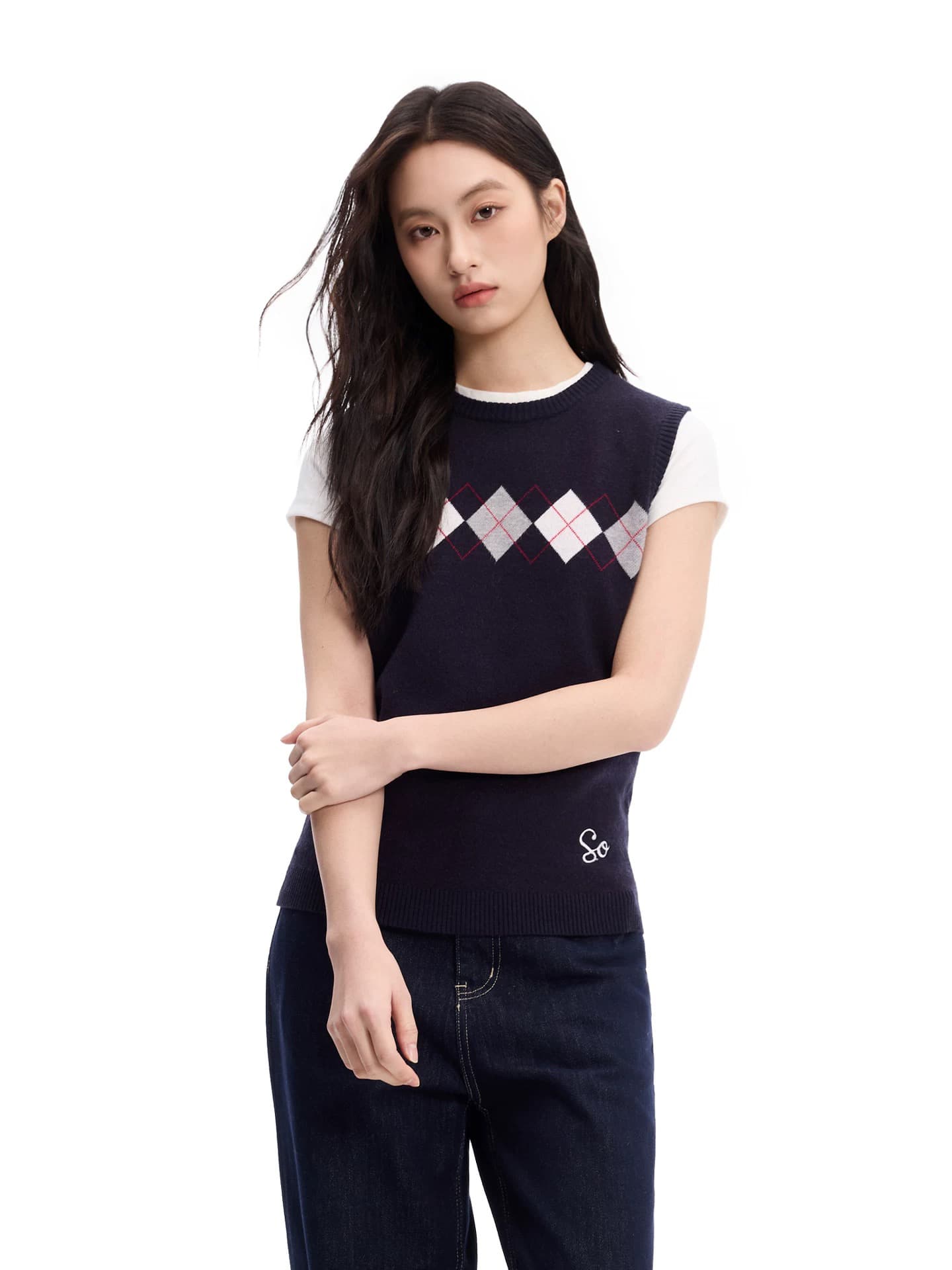 sameold 학원 스타일 링 체크무늬 니트 조끼 여성 민소매 라운드 넥 자카드 다용도 봄 스웨터 스택 착용 조끼