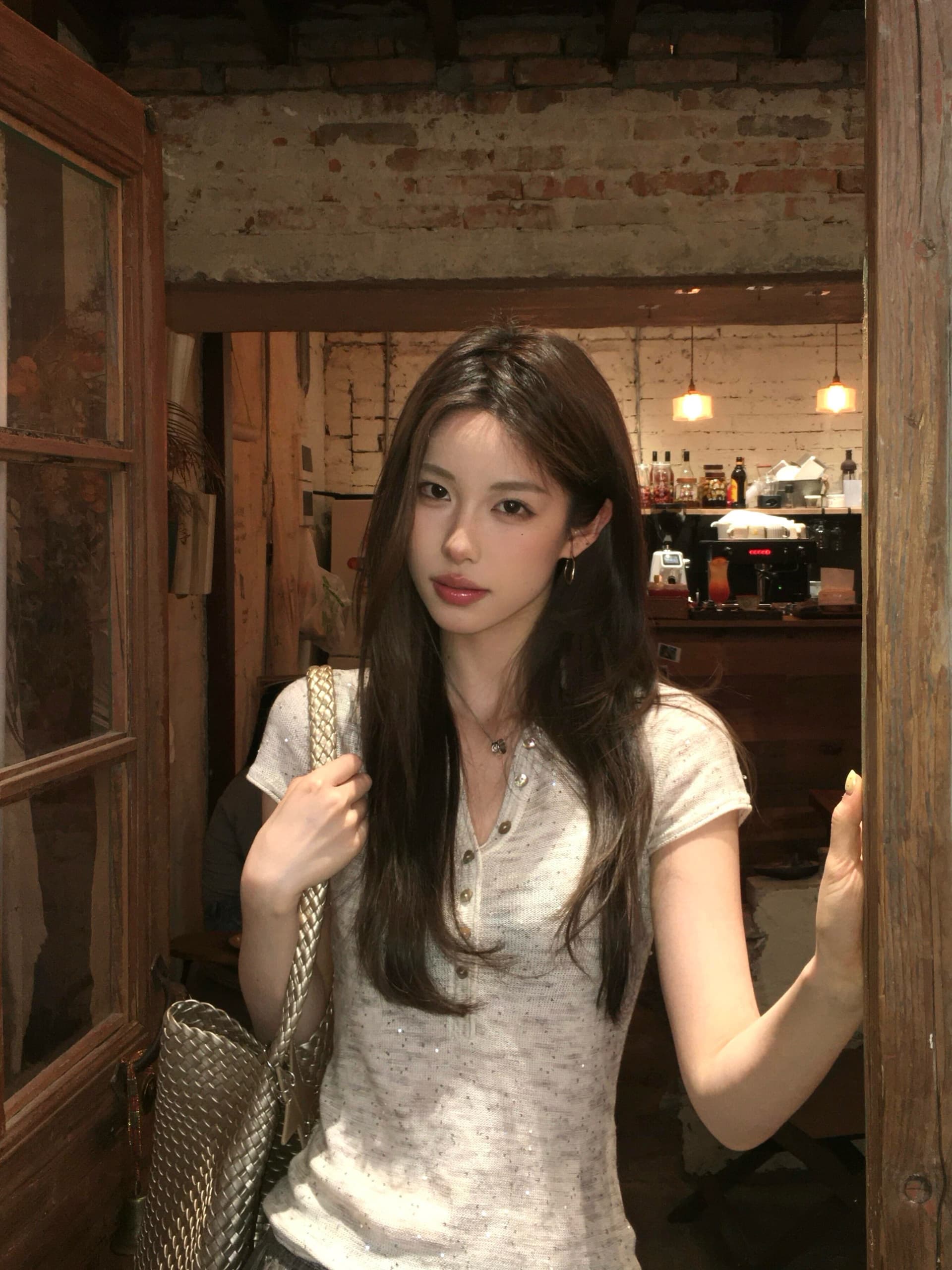 익스트림 제인 빛 틈 면 린넨 혼방 스팽글 팬시 실 긍정적 인 어깨 헨리 칼라 반팔 티셔츠 맨위 여성