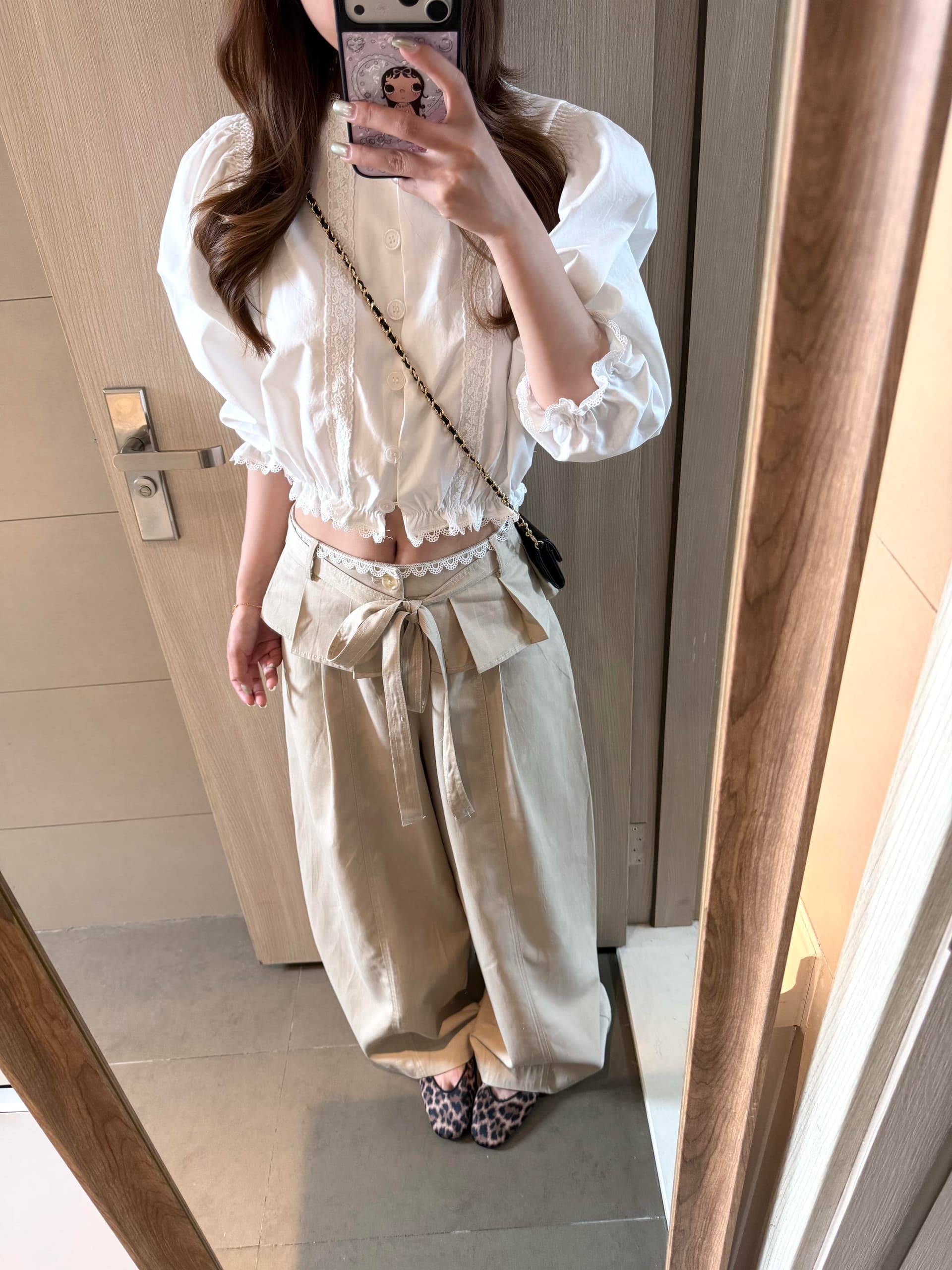 7부 소매 여성 셔츠 한 부서 출퇴근 카키 색 프릴 와이드 레그 팬츠 이미지 3