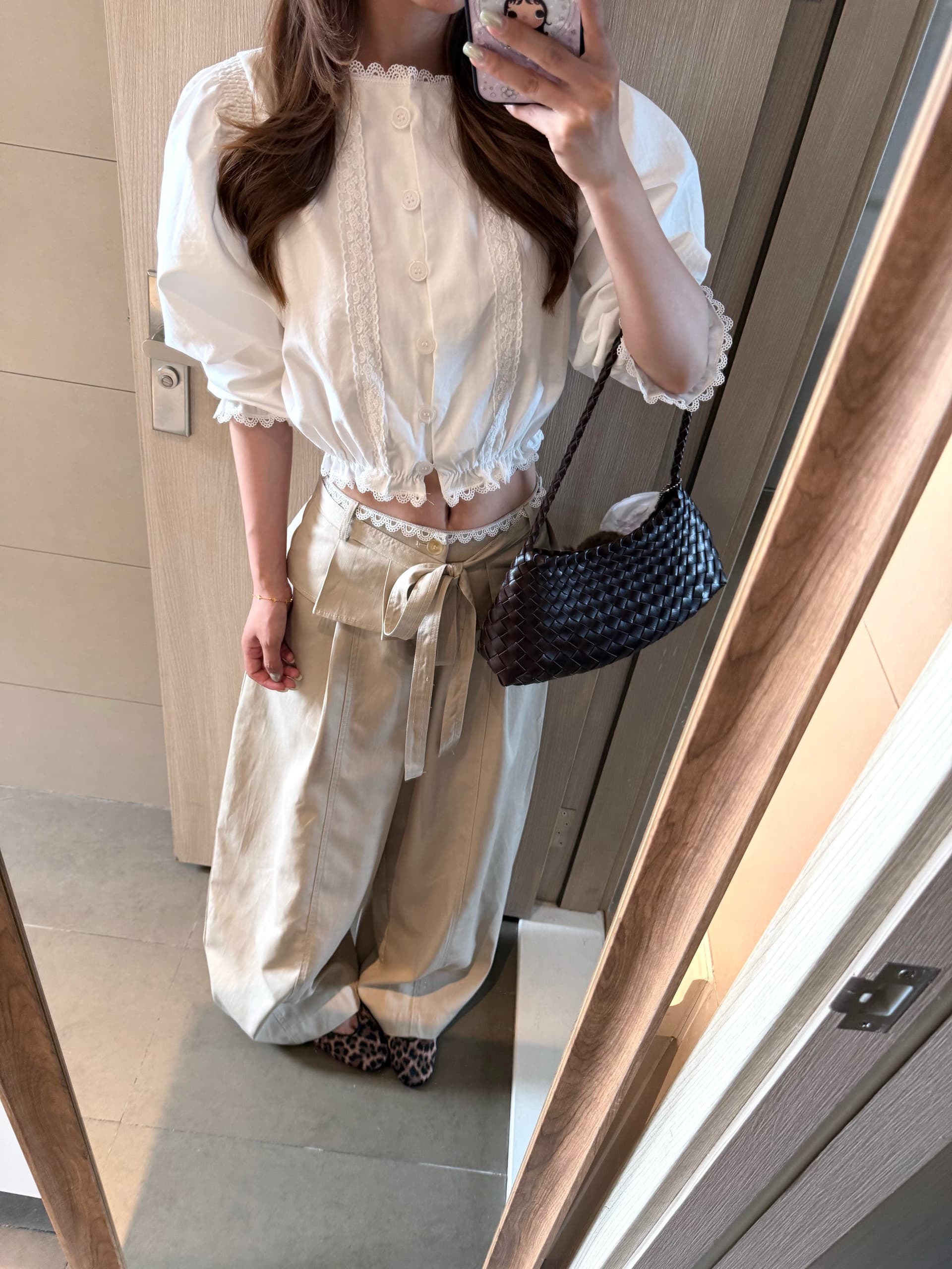 7부 소매 여성 셔츠 한 부서 출퇴근 카키 색 프릴 와이드 레그 팬츠 상세 이미지 2