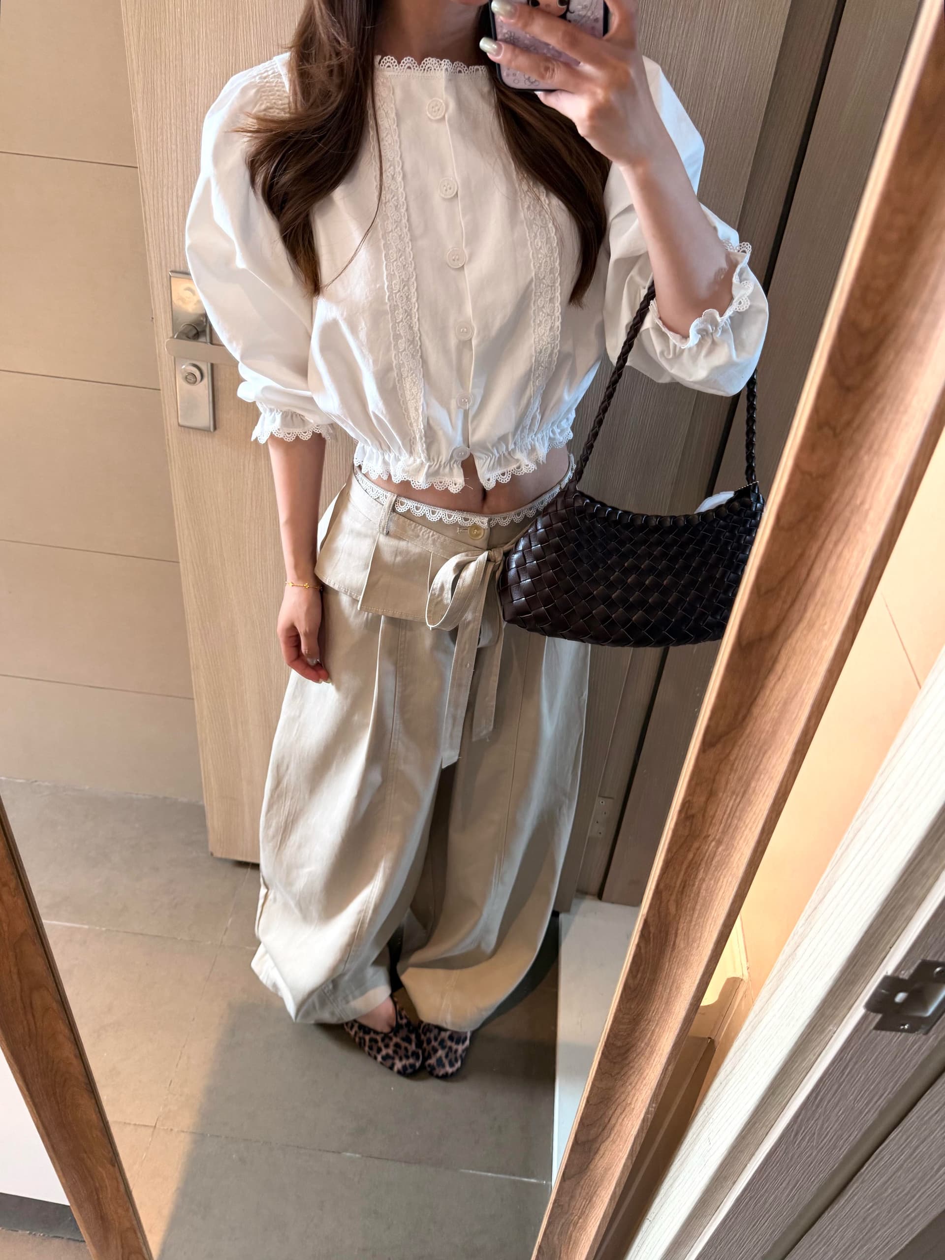 7부 소매 여성 셔츠 한 부서 출퇴근 카키 색 프릴 와이드 레그 팬츠 상세 이미지 7