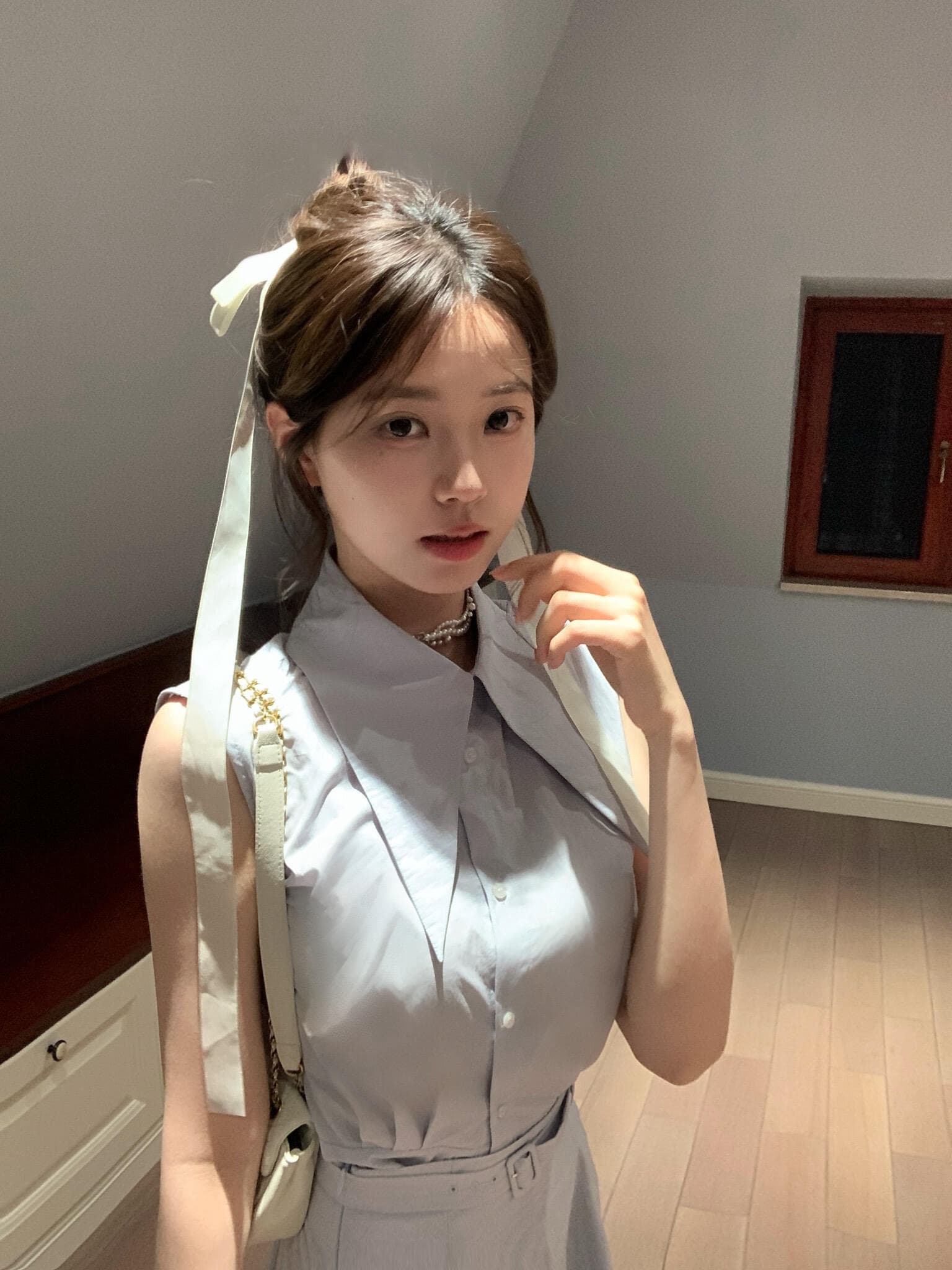워터 프론트 첫사랑 한 부서 바다 소금 블루 폴로 칼라 민소매 맨위 세트 슬림해 보이는 벨트 한 마디 반 스커트 상세 이미지 5