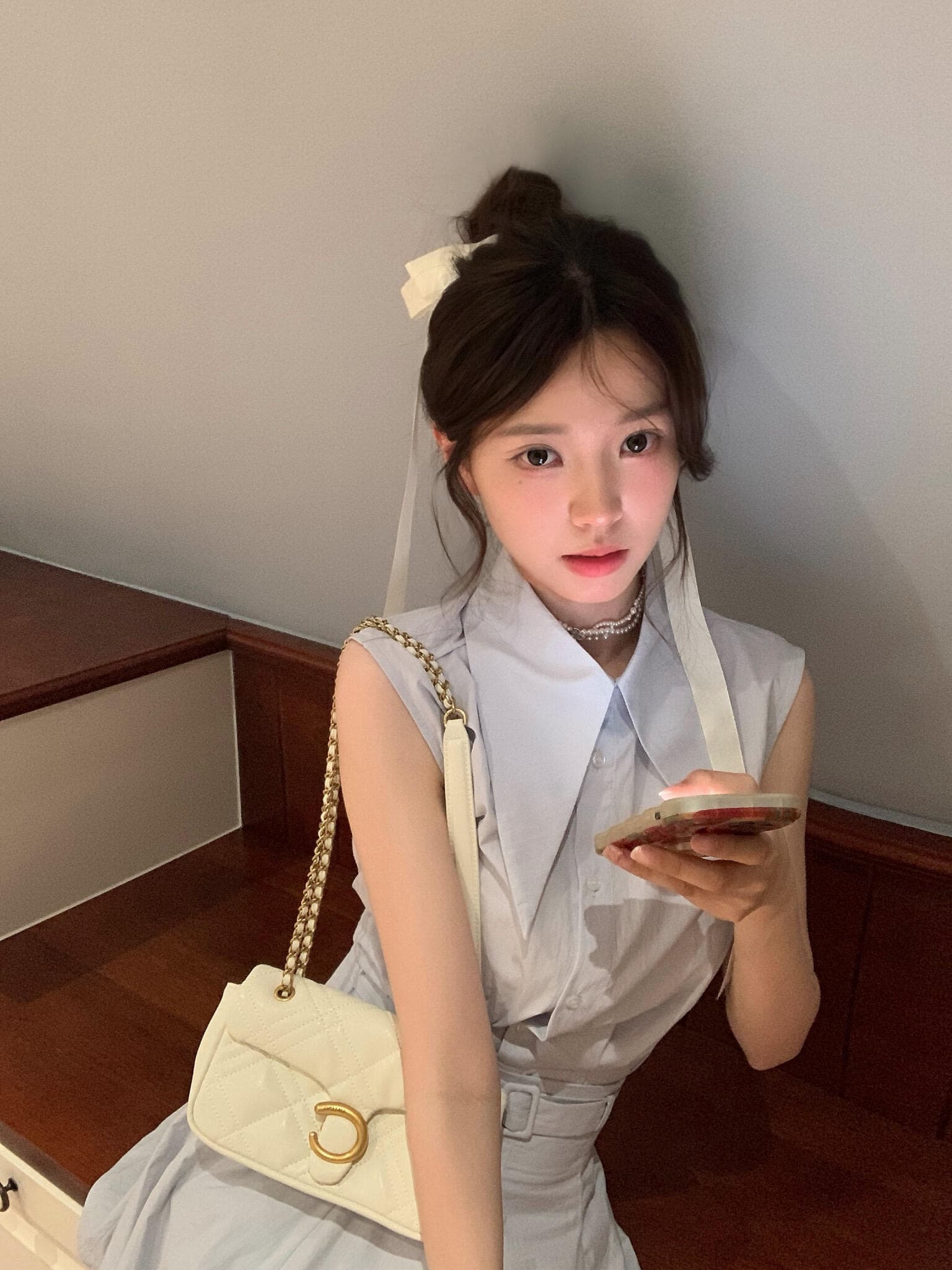 워터 프론트 첫사랑 한 부서 바다 소금 블루 폴로 칼라 민소매 맨위 세트 슬림해 보이는 벨트 한 마디 반 스커트 상세 이미지 7