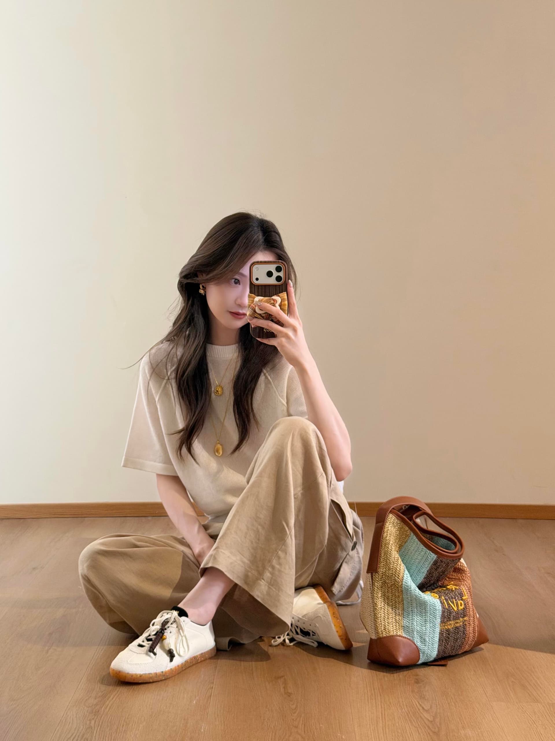 초기 면 그리고 종이 실 포함 양모 반팔 니트 스웨터 여성 26 여름 홀로우 아웃 라운드 넥 가을 어깨 루즈핏 티셔츠 맨위 상세 이미지 2