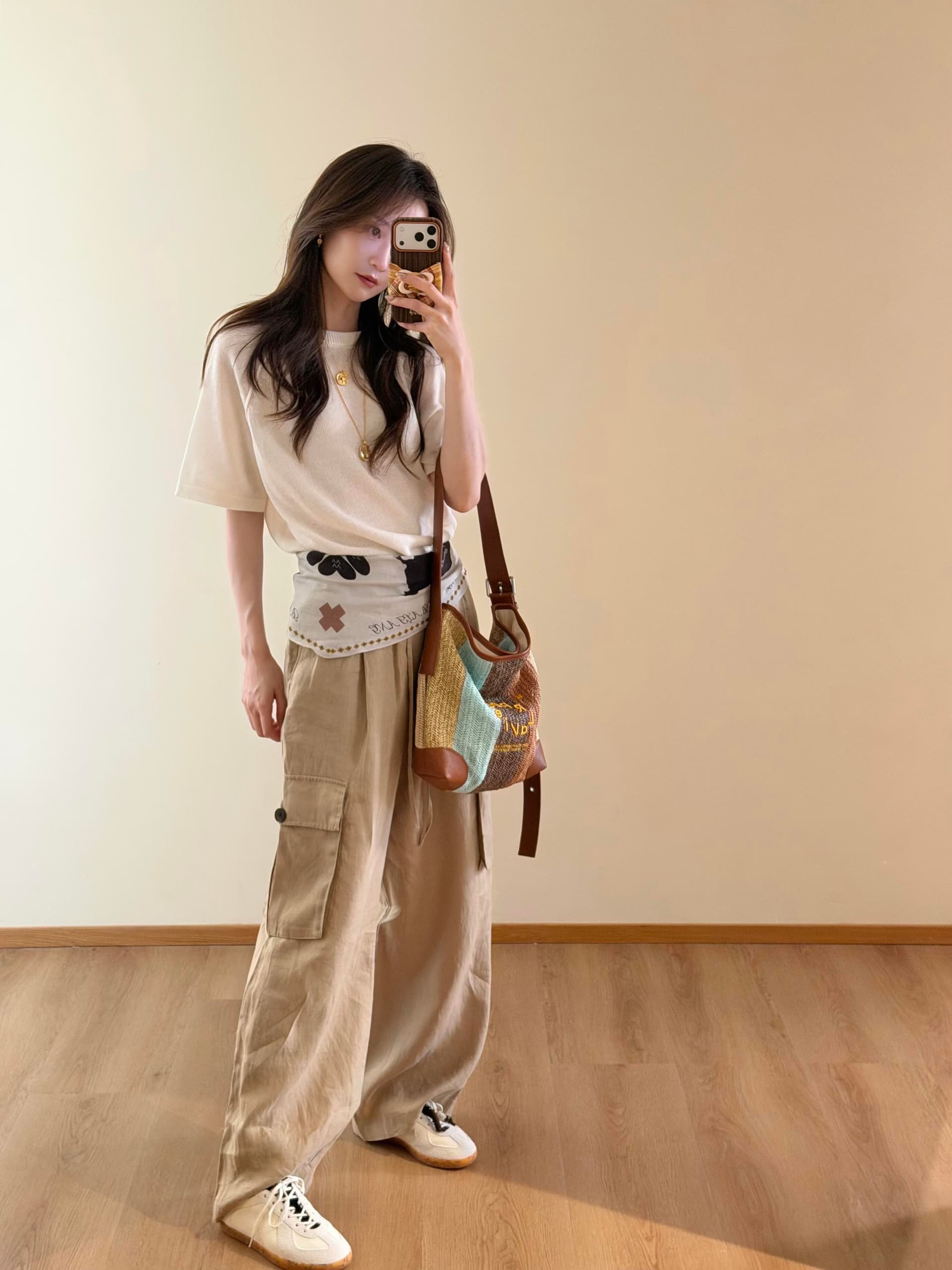 초기 면 그리고 종이 실 포함 양모 반팔 니트 스웨터 여성 26 여름 홀로우 아웃 라운드 넥 가을 어깨 루즈핏 티셔츠 맨위 상세 이미지 3