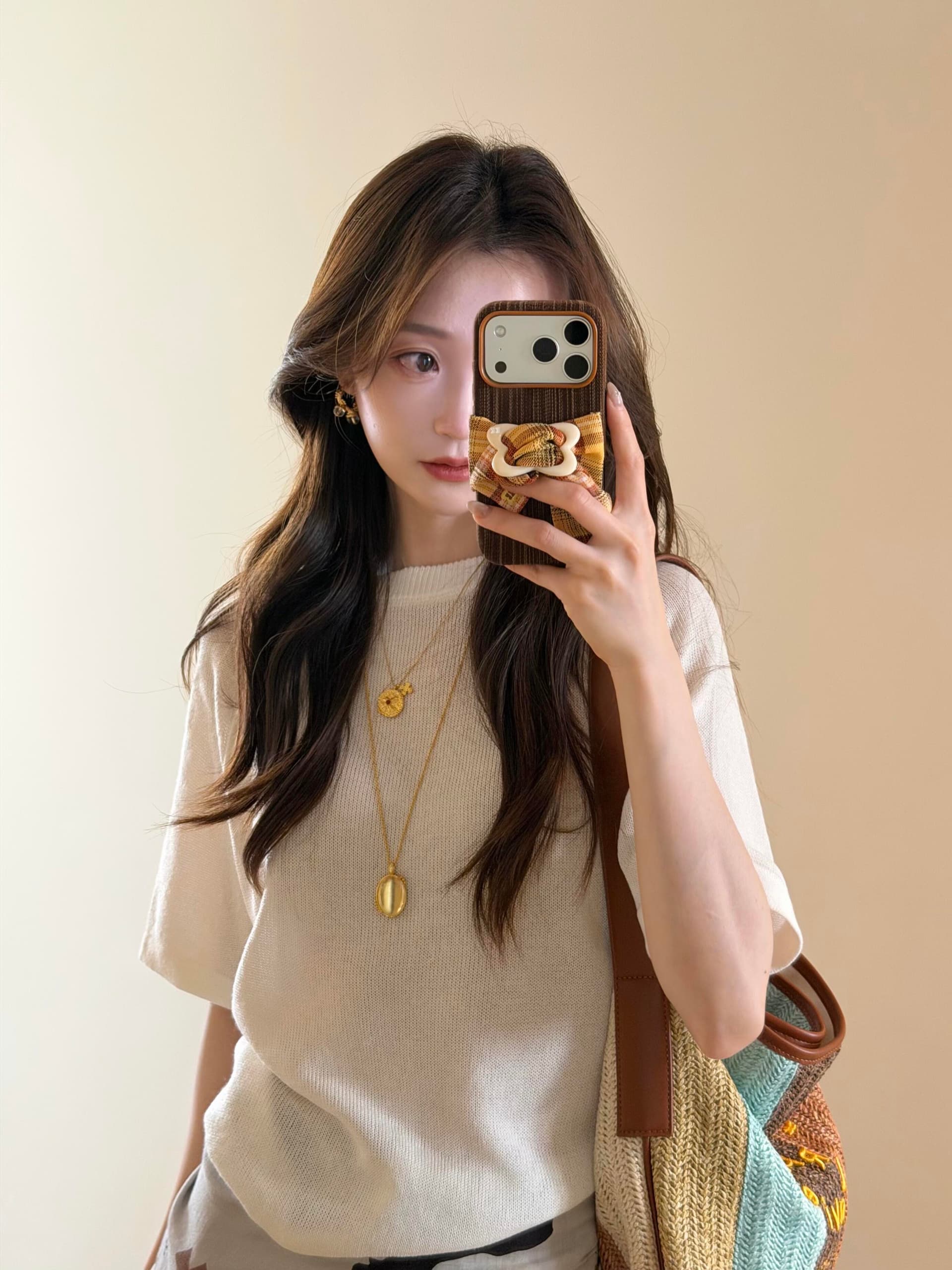 초기 면 그리고 종이 실 포함 양모 반팔 니트 스웨터 여성 26 여름 홀로우 아웃 라운드 넥 가을 어깨 루즈핏 티셔츠 맨위 상세 이미지 4