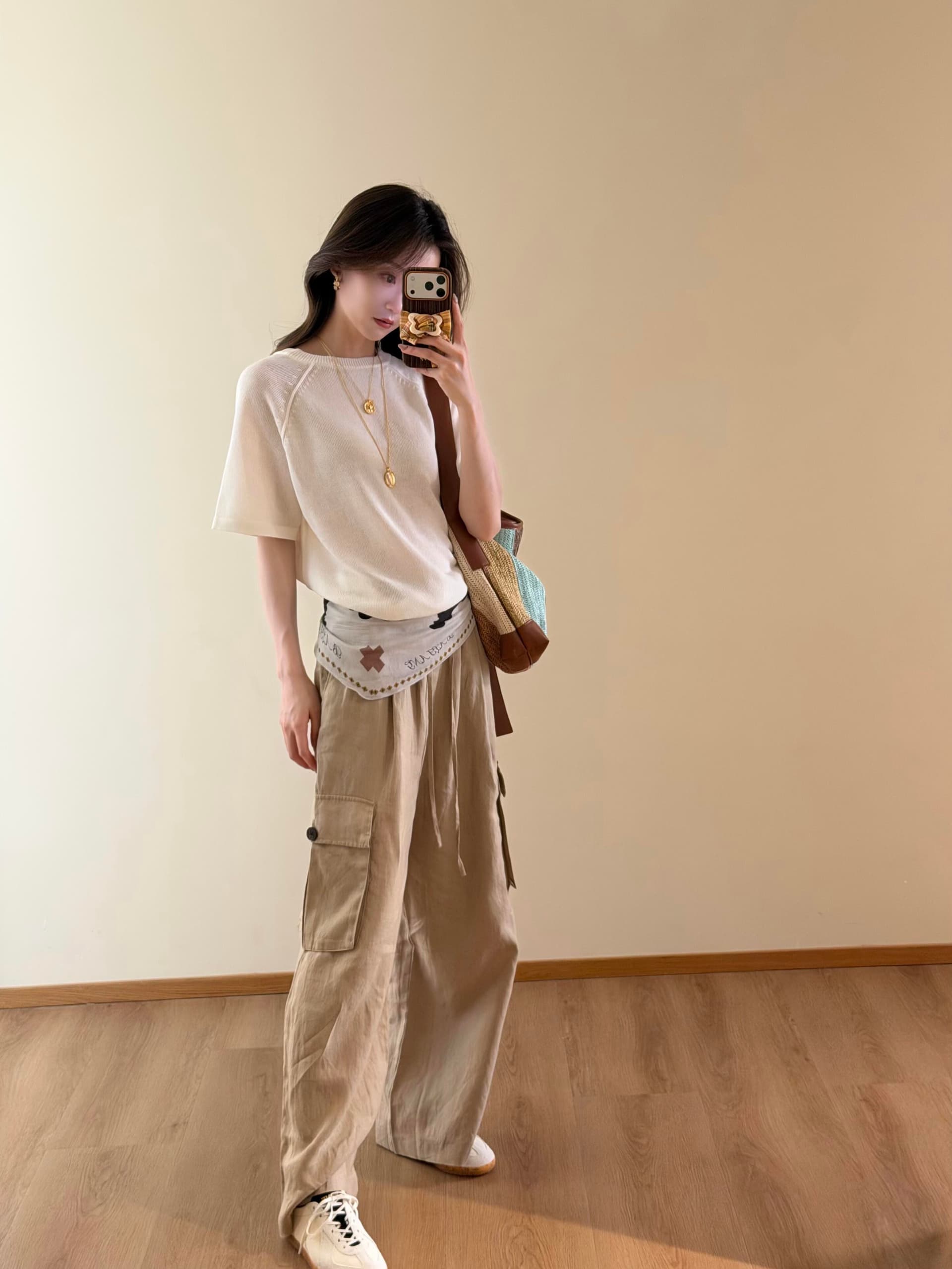 초기 면 그리고 종이 실 포함 양모 반팔 니트 스웨터 여성 26 여름 홀로우 아웃 라운드 넥 가을 어깨 루즈핏 티셔츠 맨위 상세 이미지 9