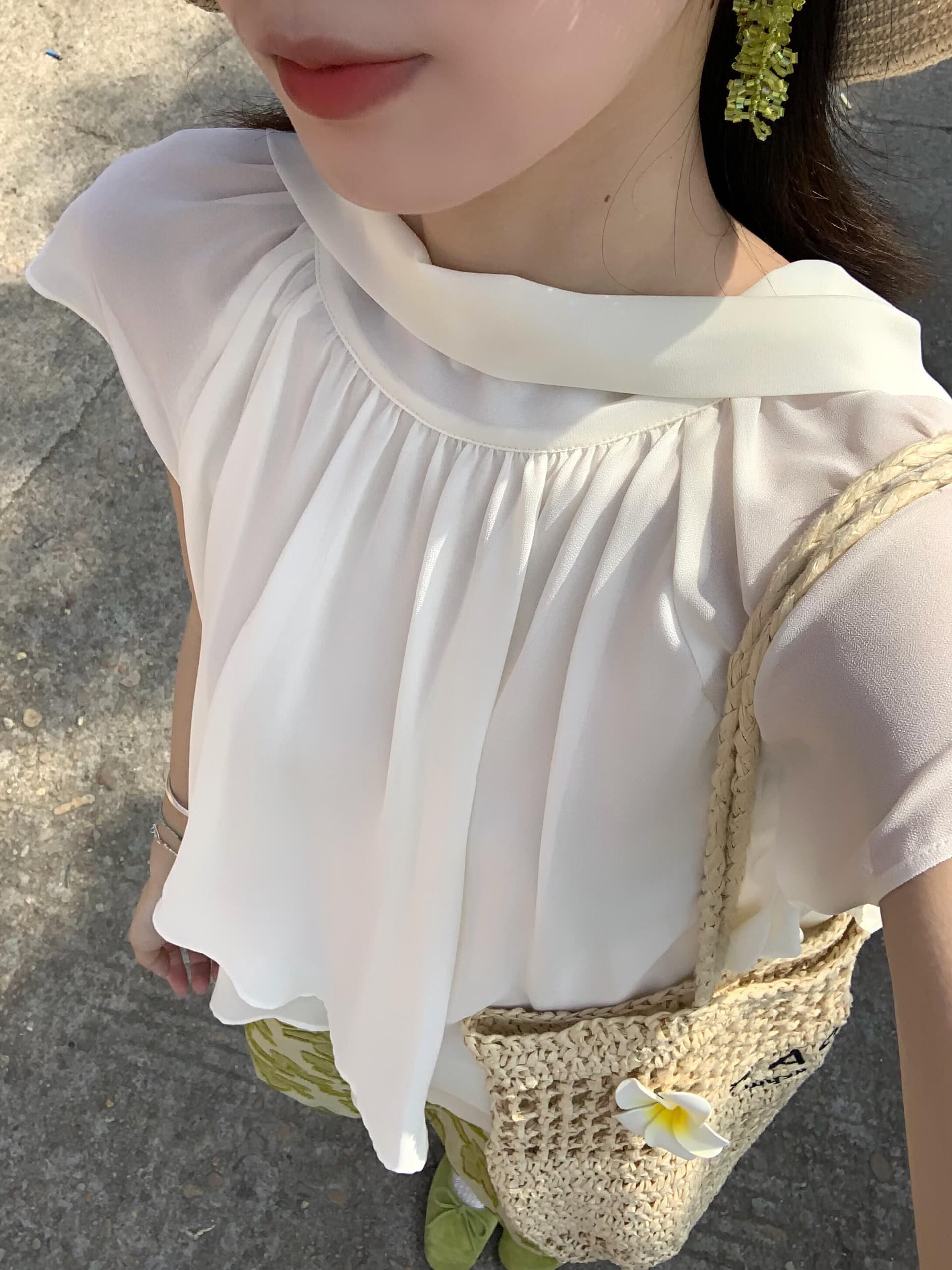 직접 만든 여름 悸动 말뚝 더미 칼라 불규칙 단색 쉬폰 블라우스 맨위 상세 이미지 3