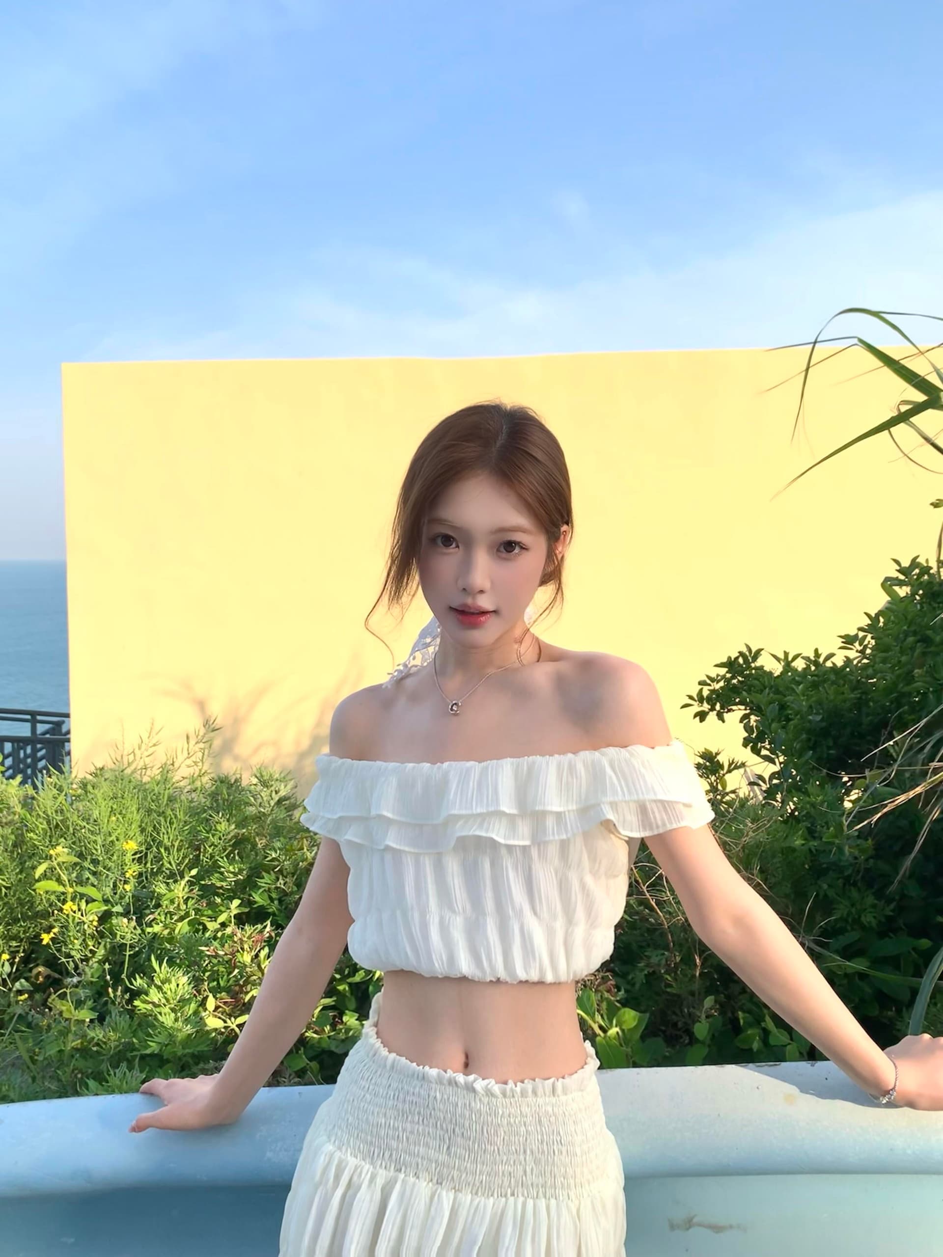 휴가 바람 구름 주름 프릴 보트넥 로우 웨이스트 롱 스커트 상세 이미지 7