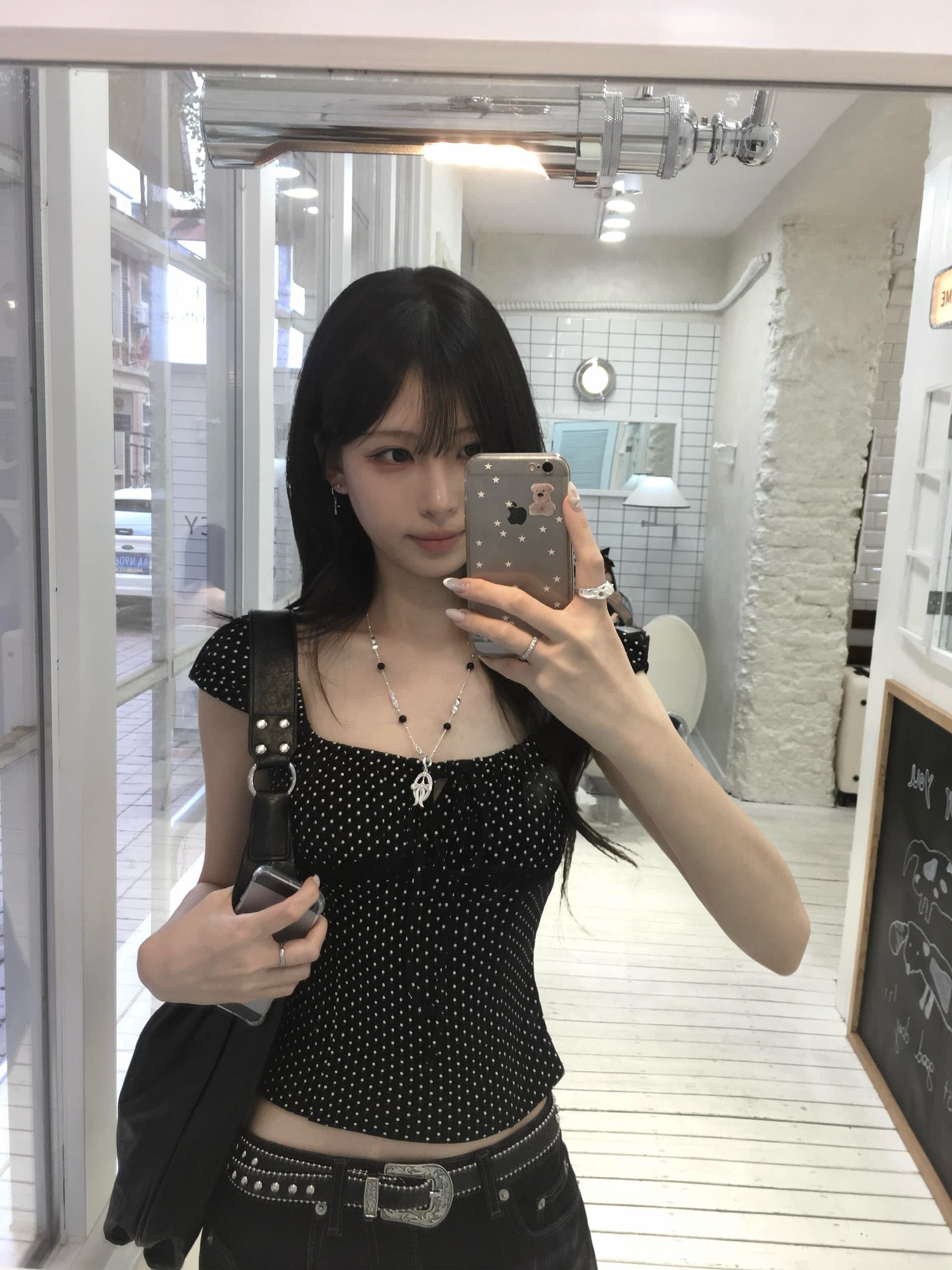아메리칸 레트로 도트 무늬 광장 칼라 반팔 티셔츠 여성 여름 새로운 몸매 가꾸기 맨위 상세 이미지 1