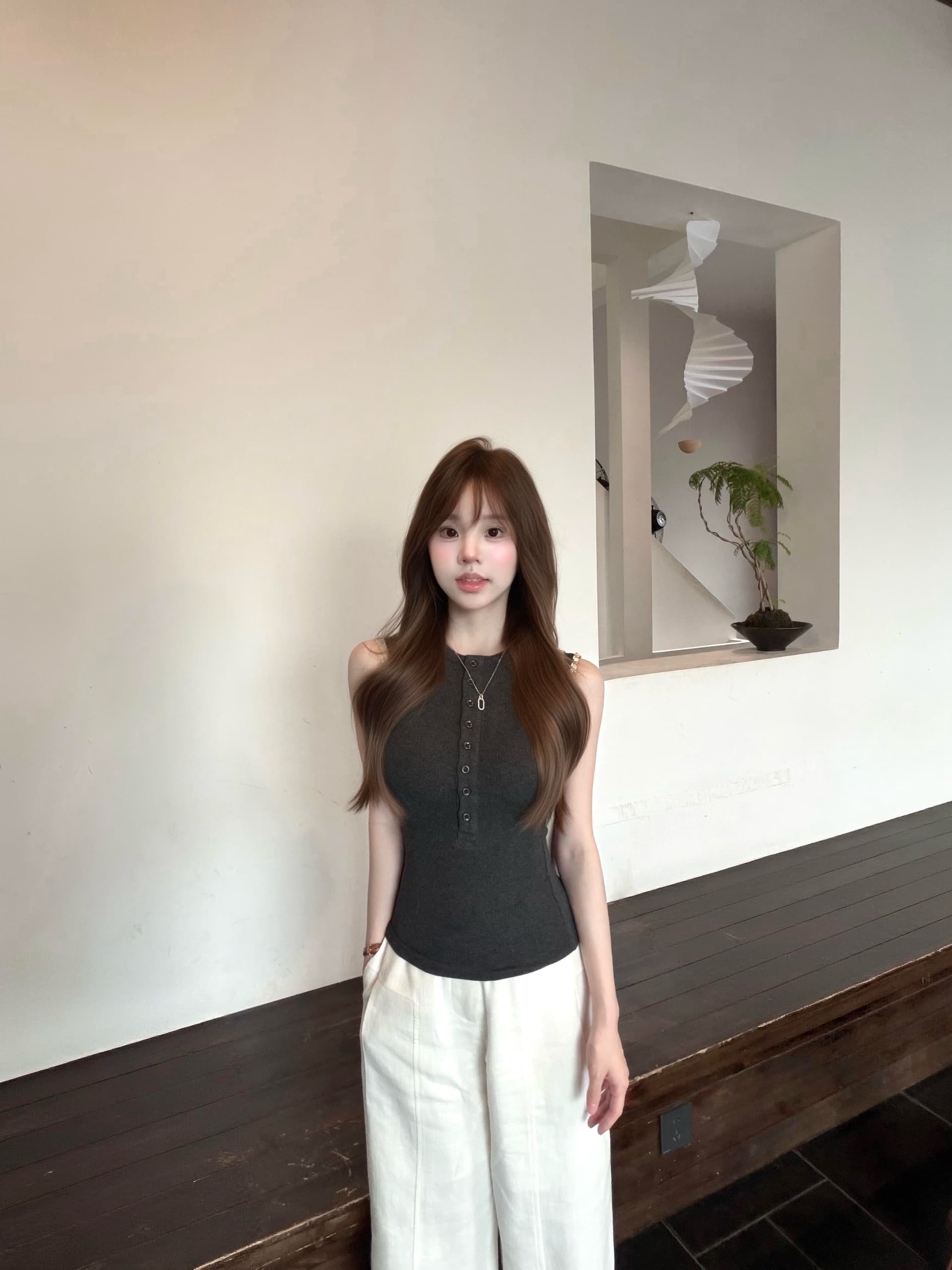 분위기 여름 기타 버클 헨리 칼라 단어 조끼 맨위 민소매 작은 셔츠 이미지 3