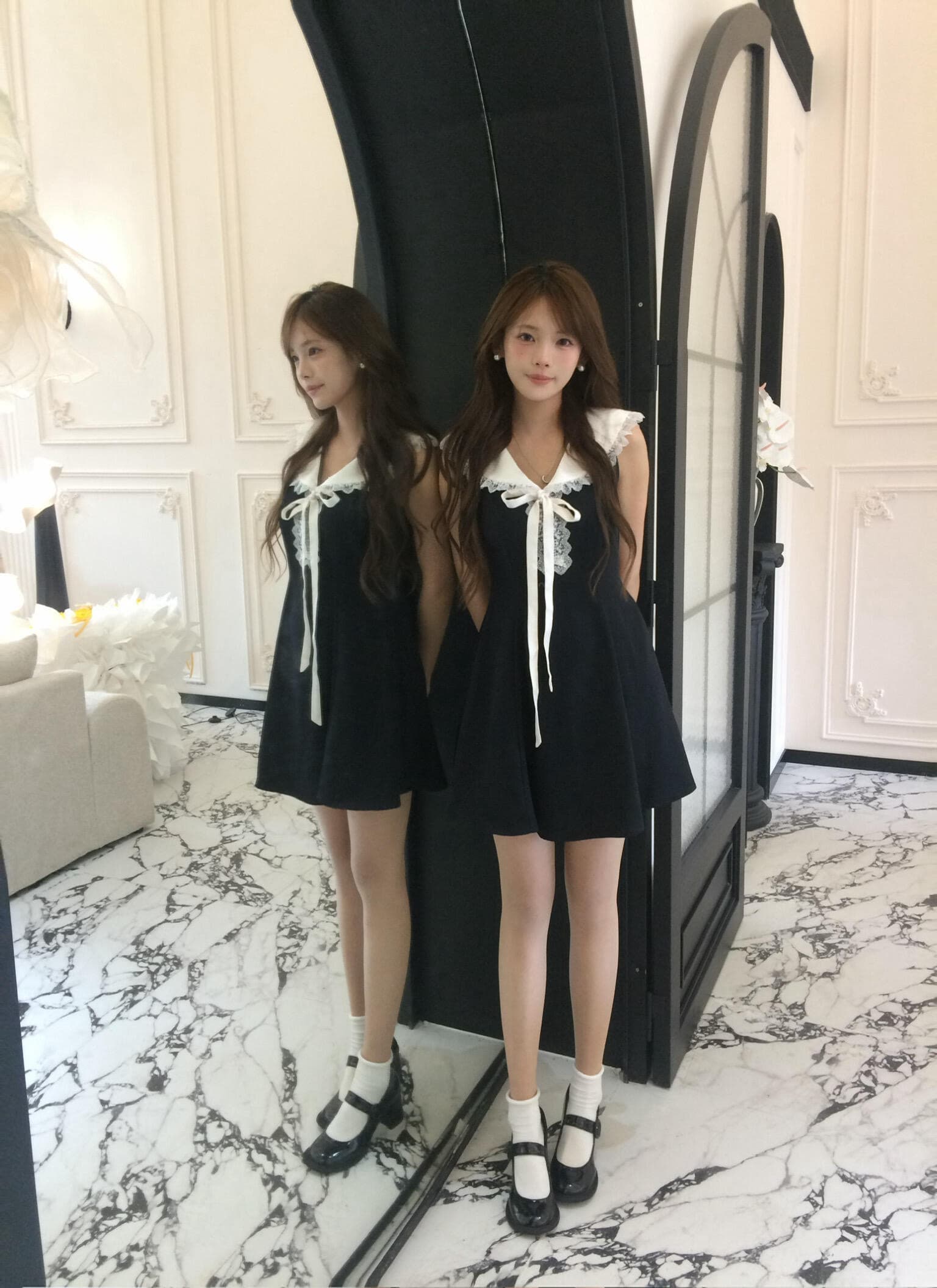 레트로 천 골드 품격 배색 폴로 칼라 허리 수축 민소매 길다 쇼트 스타일 드레스