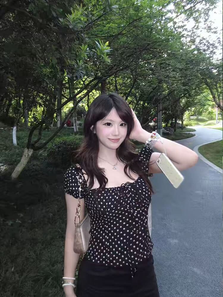 miu 부서 도트 무늬 반팔 여성 셔츠 여름 착용 가져 가라. 부서 벨트 측면 칼라 셔츠 몸매 가꾸기 슬림해 보이는 순수한 욕망 달콤함 맨위 이미지 3