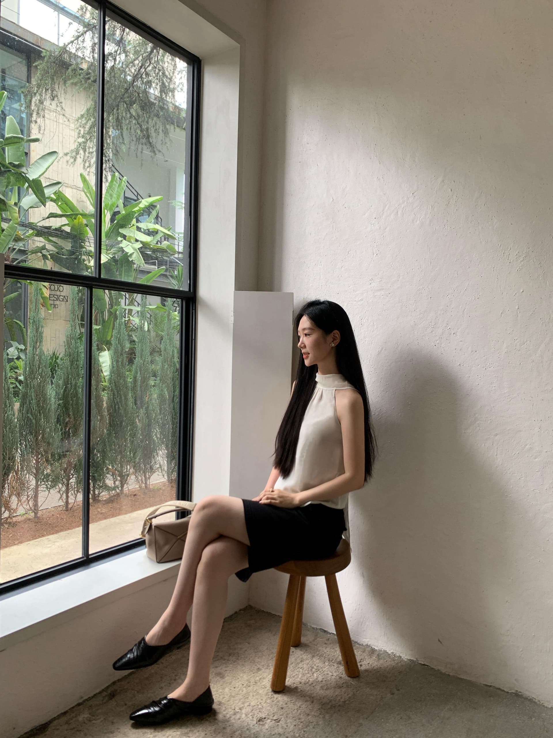 리본 스탠드 칼라 행침 목 민소매 조끼 맨위 상세 이미지 2