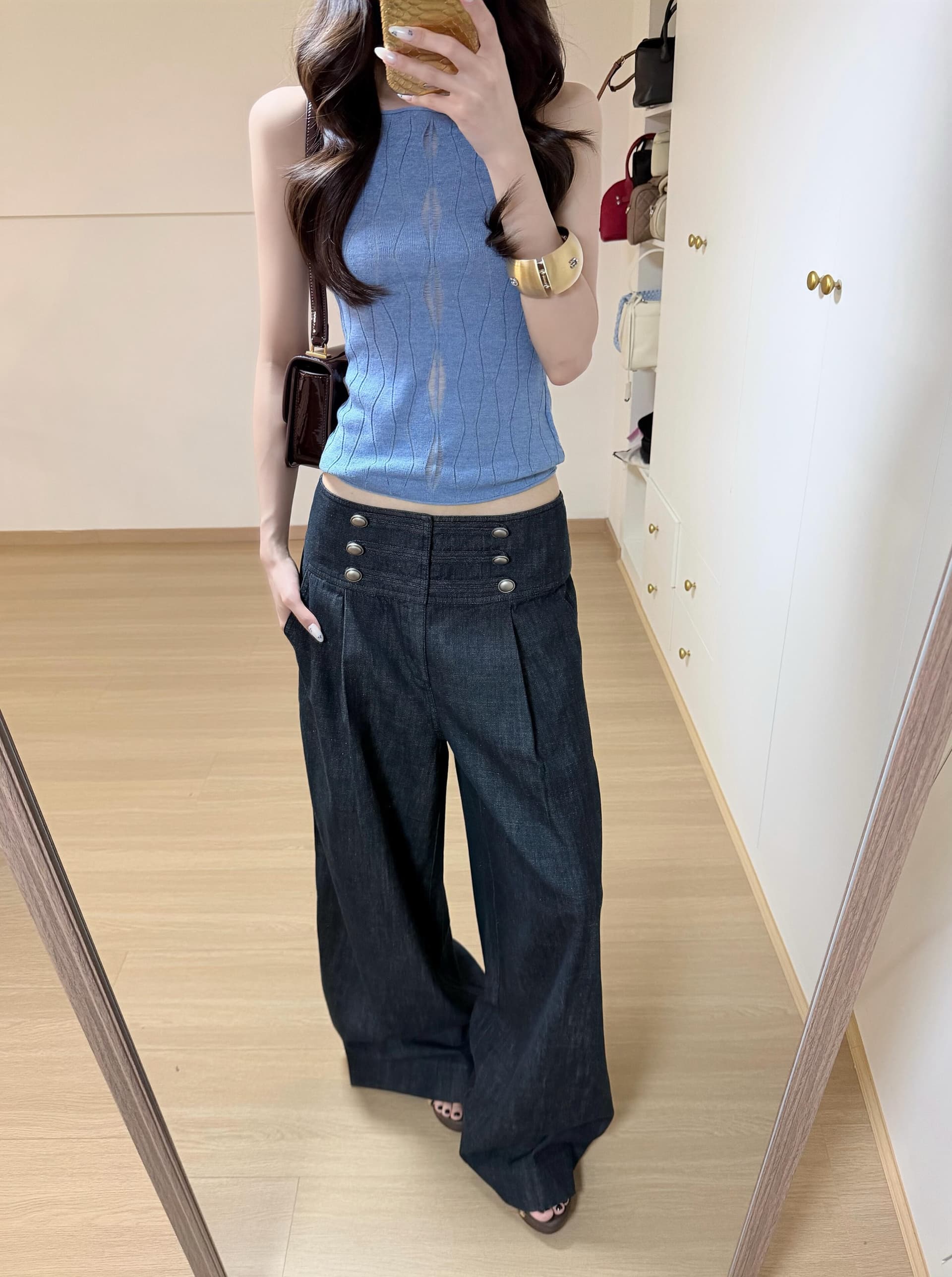자연 아마 물결무늬 홀로우 아웃 질감 센스 슬립 보트넥 민소매 조끼 이미지 2