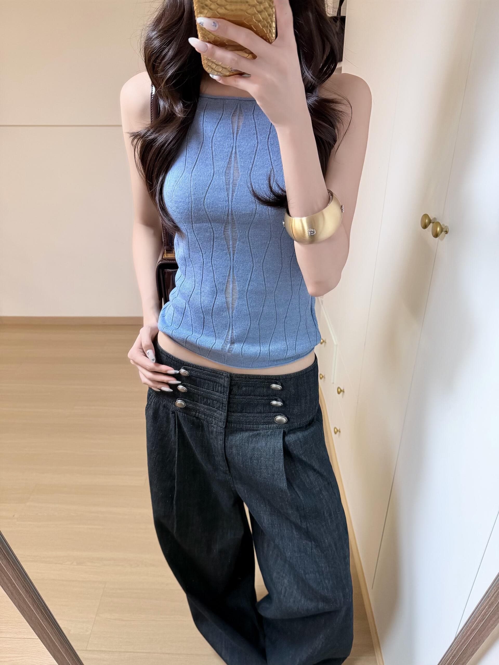 자연 아마 물결무늬 홀로우 아웃 질감 센스 슬립 보트넥 민소매 조끼 상세 이미지 4