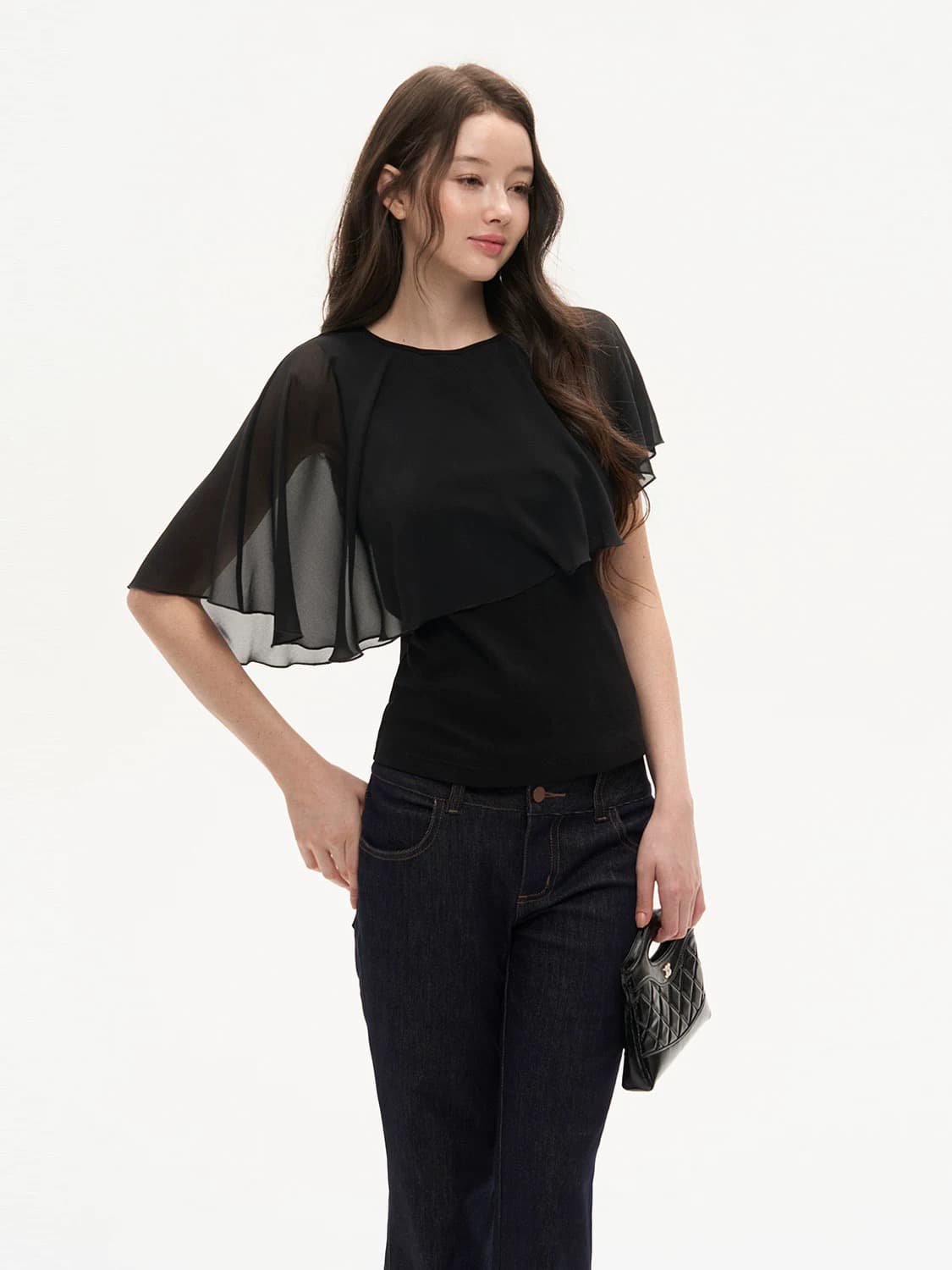 punch 오리지널 여름 휴가 품격 망토 쉬폰 반팔 데이트 여성 불규칙 상세 이미지 2