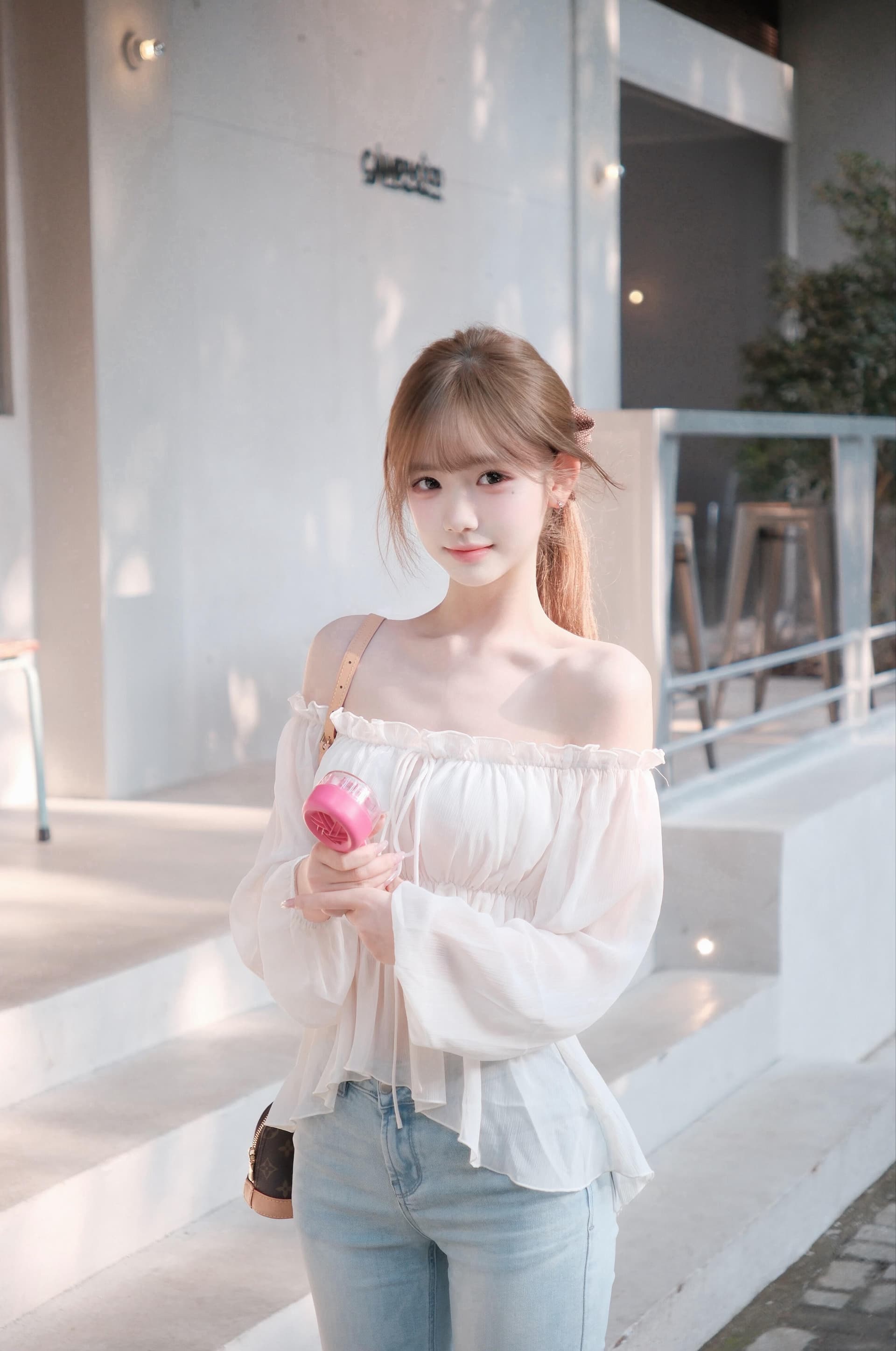 칭 시안 수생 조정 쌀 살구 색상 오프숄더 프릴 시폰 셔츠 여성 봄 여름 짧은 켜기