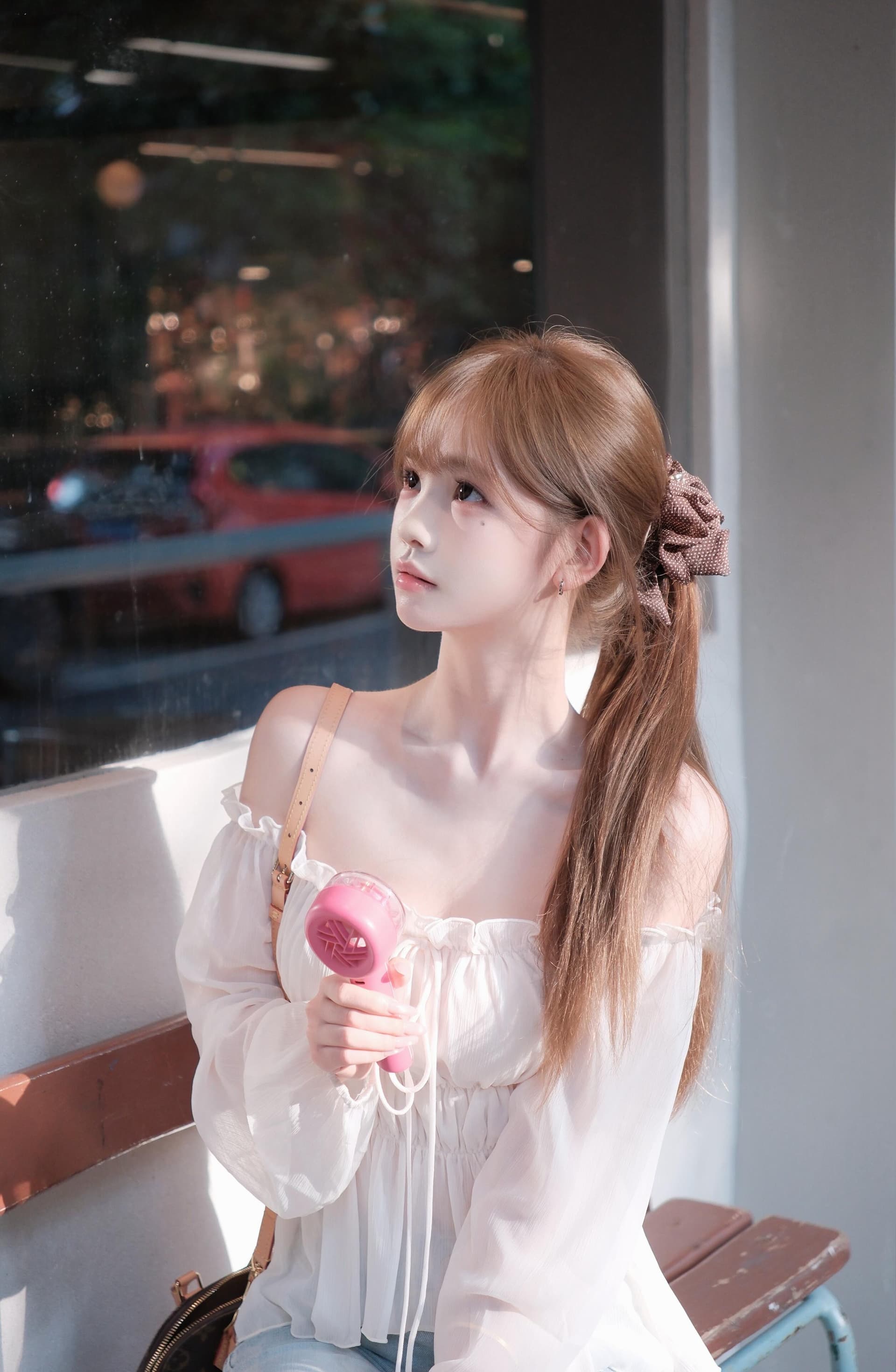 칭 시안 수생 조정 쌀 살구 색상 오프숄더 프릴 시폰 셔츠 여성 봄 여름 짧은 켜기 이미지 3