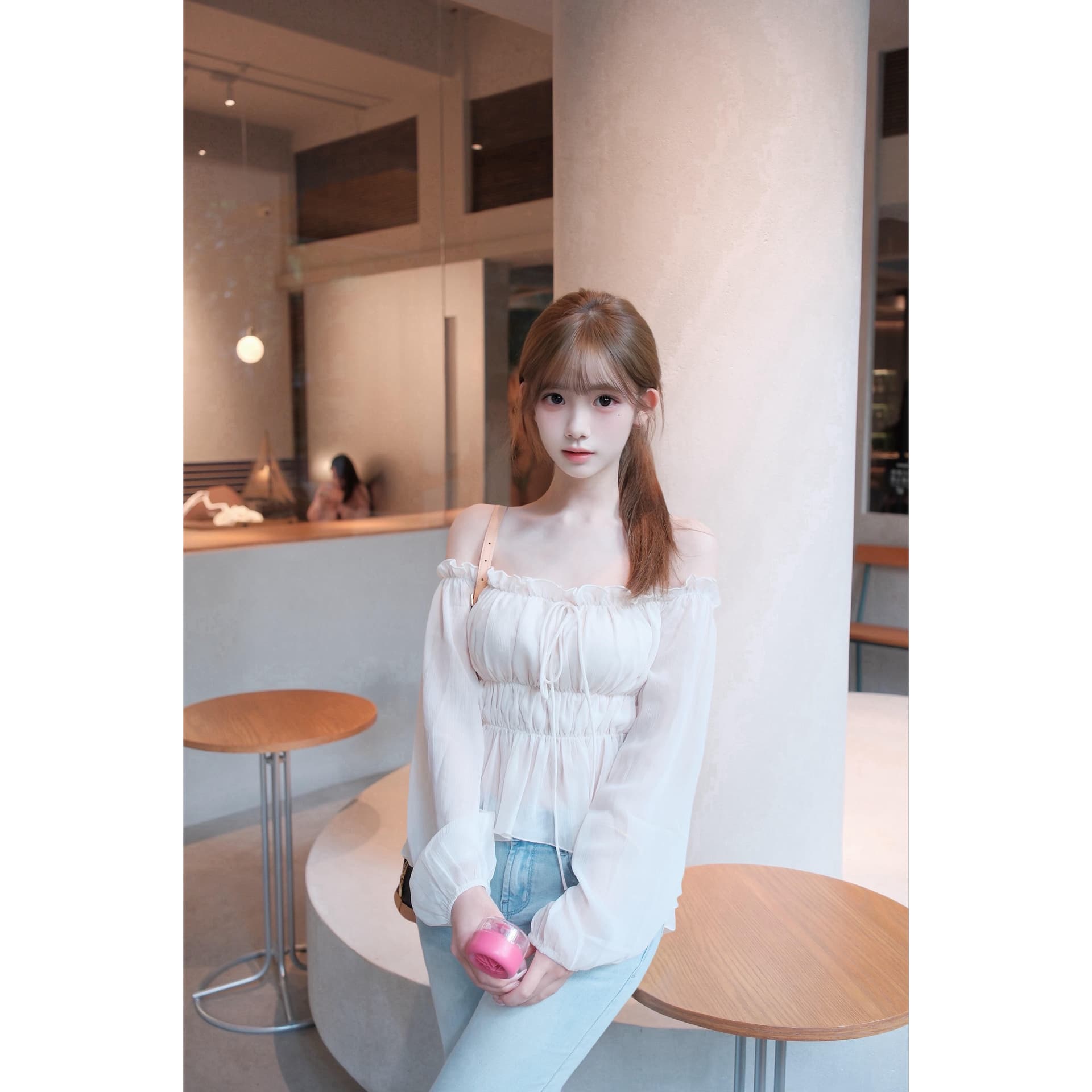 칭 시안 수생 조정 쌀 살구 색상 오프숄더 프릴 시폰 셔츠 여성 봄 여름 짧은 켜기 이미지 5