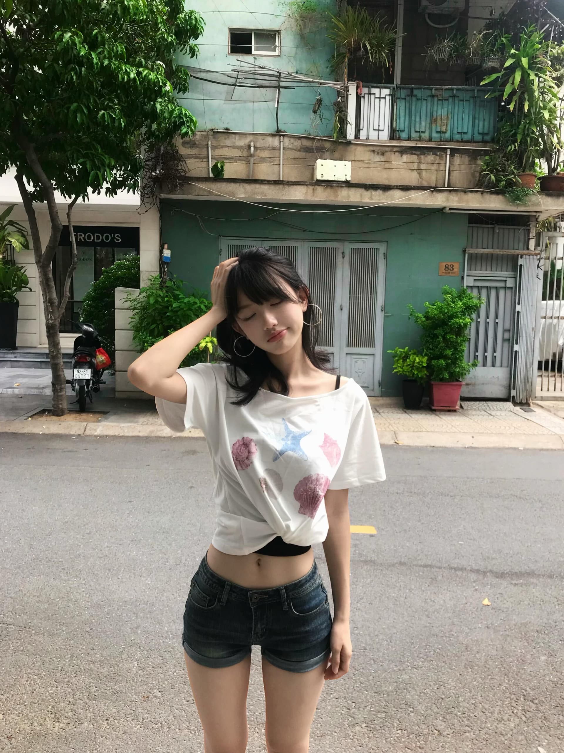 ariseism 아메리칸 레트로 불가사리 프린트 비스듬한 어깨 반팔 티셔츠 여성 여름 새로운 몸매 가꾸기 맨위 상세 이미지 2