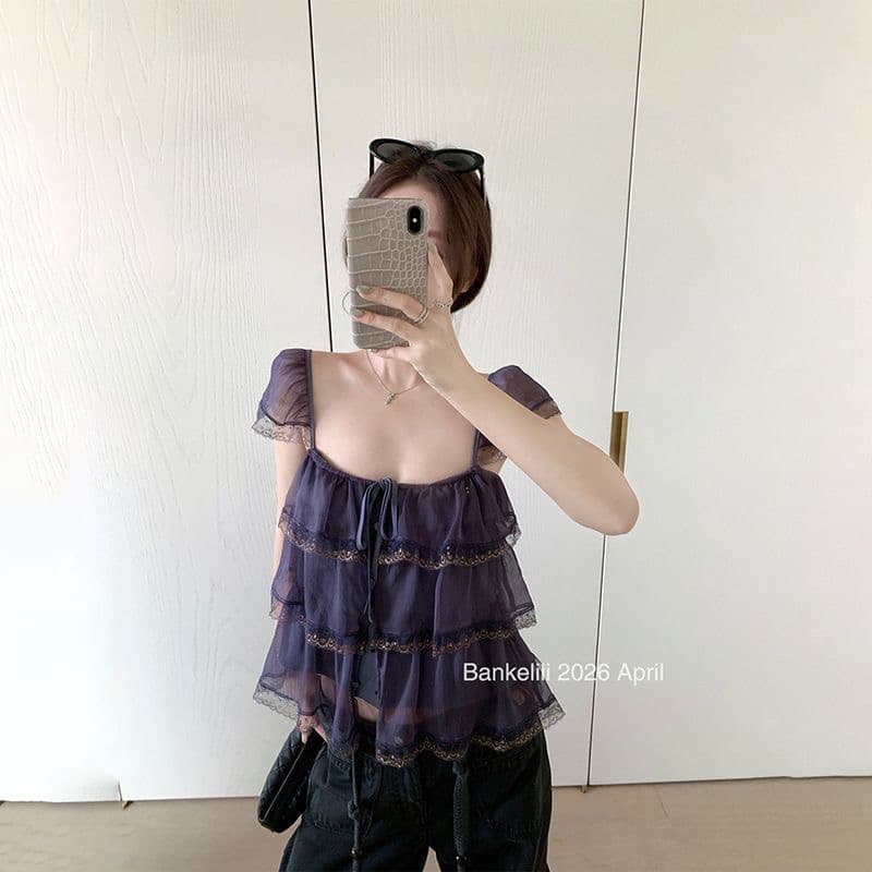 밤나무 코코아 bankelili 팬 바다 리건 프릴 레이스 계층의 감각 작은 날다 소매 광장 칼라 슬립 여성 이미지 2