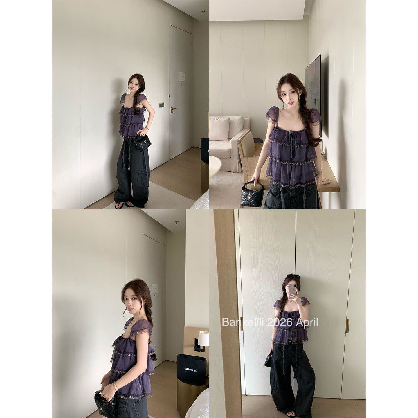 밤나무 코코아 bankelili 팬 바다 리건 프릴 레이스 계층의 감각 작은 날다 소매 광장 칼라 슬립 여성 상세 이미지 3