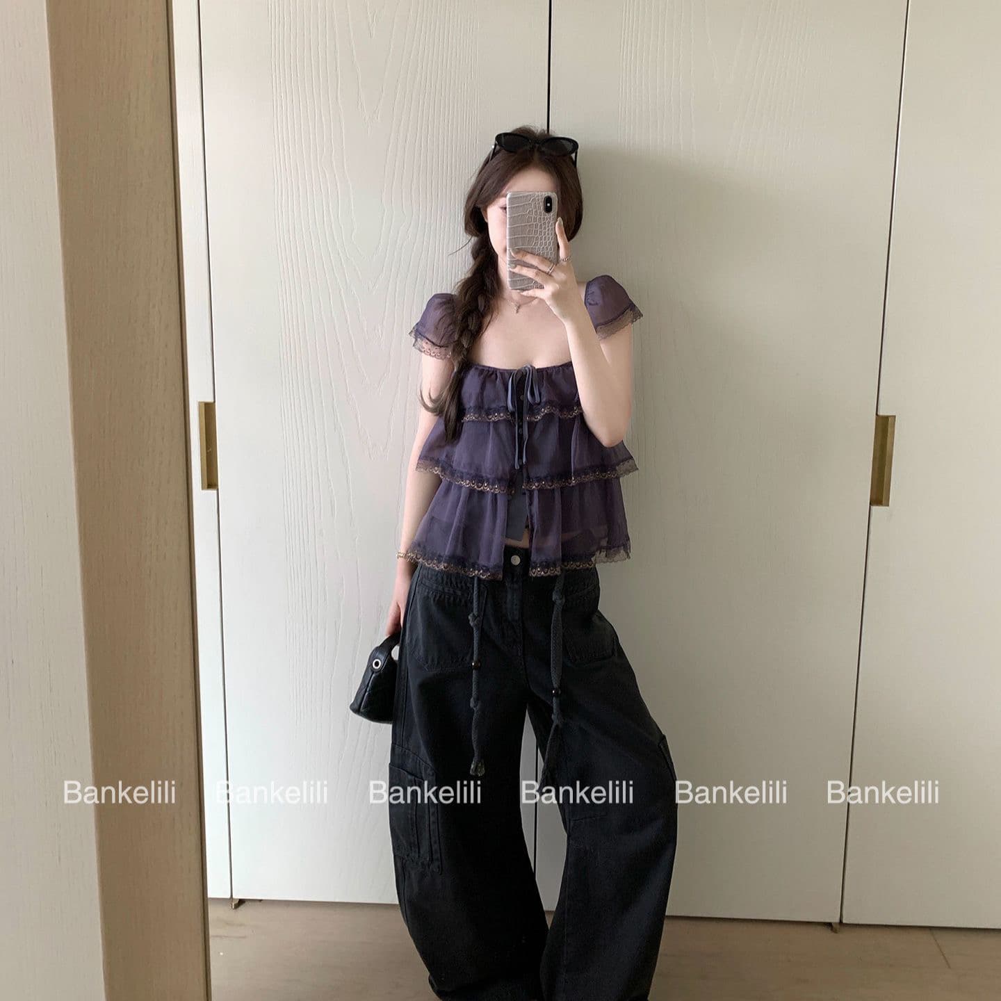 밤나무 코코아 bankelili 팬 바다 리건 프릴 레이스 계층의 감각 작은 날다 소매 광장 칼라 슬립 여성 상세 이미지 5