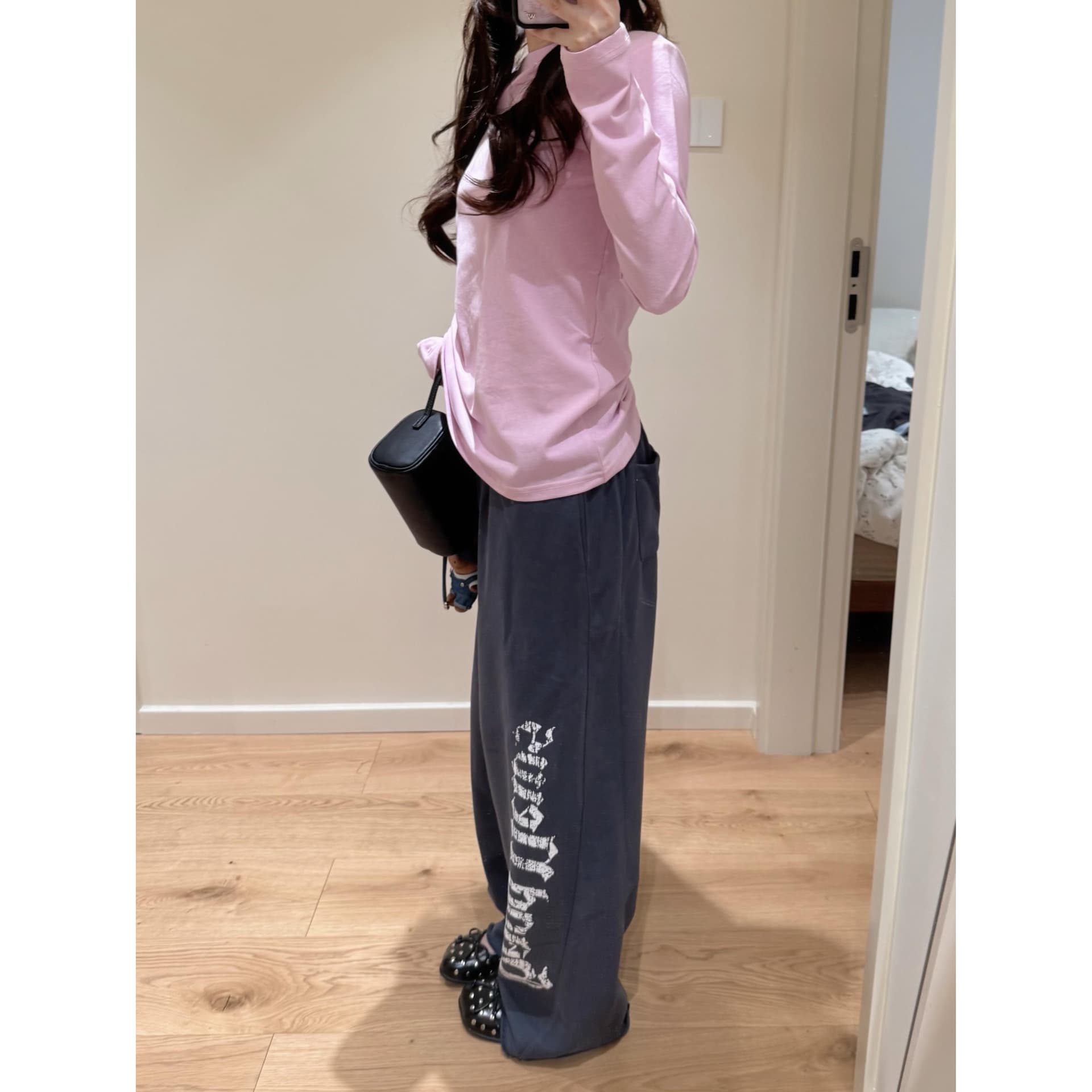 아메리칸 마 오래된 알파벳 블루 회색 프린트 캐주얼 바지 여성 루즈핏 도루 센스 춤추기 운동 넓은 다리 웨이 바지 이미지 5
