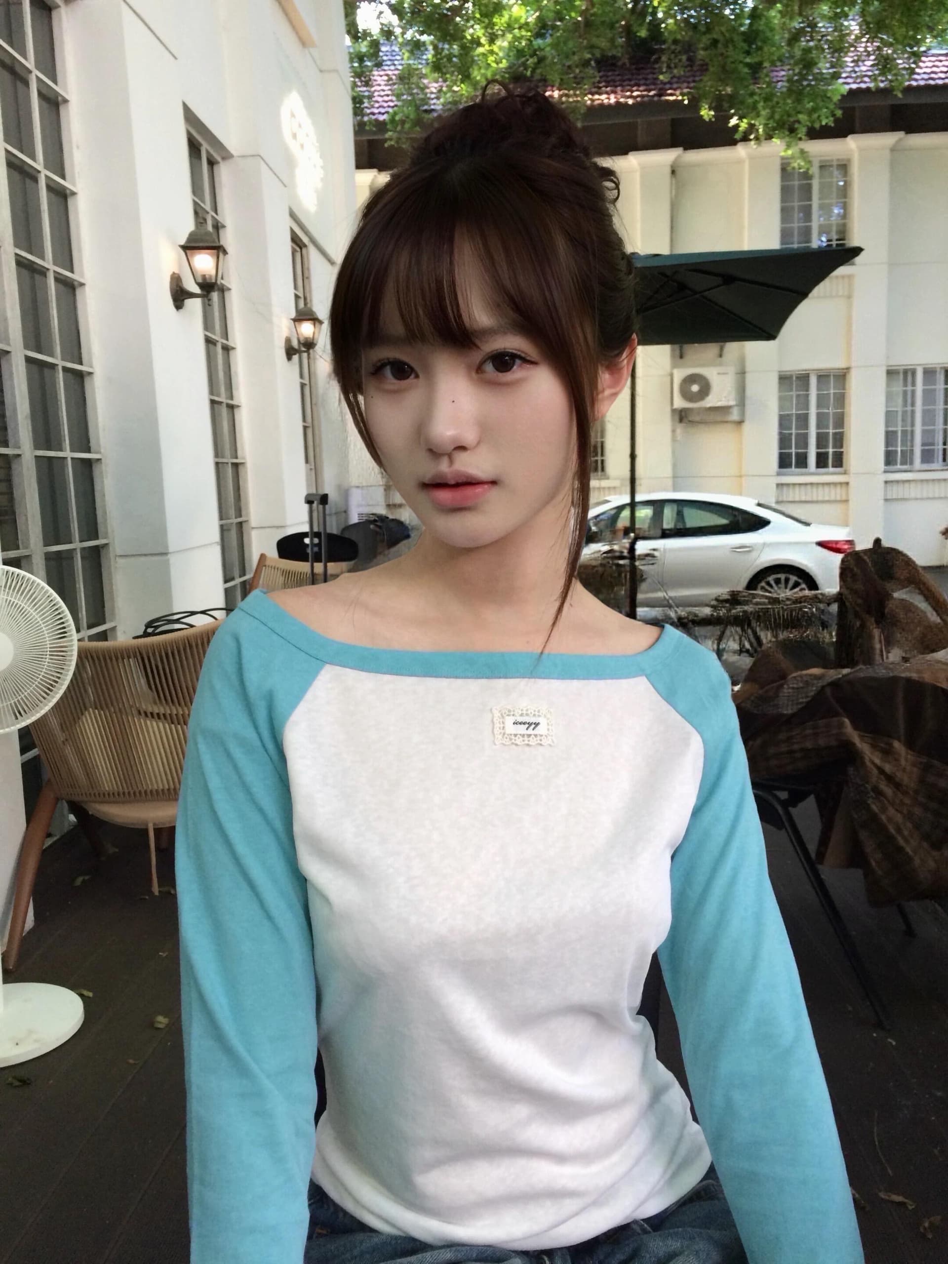 한 부서 패치워크 색상 오프숄더 삽입 어깨 소매 길이 소매 티셔츠 느긋한 느슨함 센스 몸매 가꾸기 슬림해 보이는 다용도 맨위 상세 이미지 3