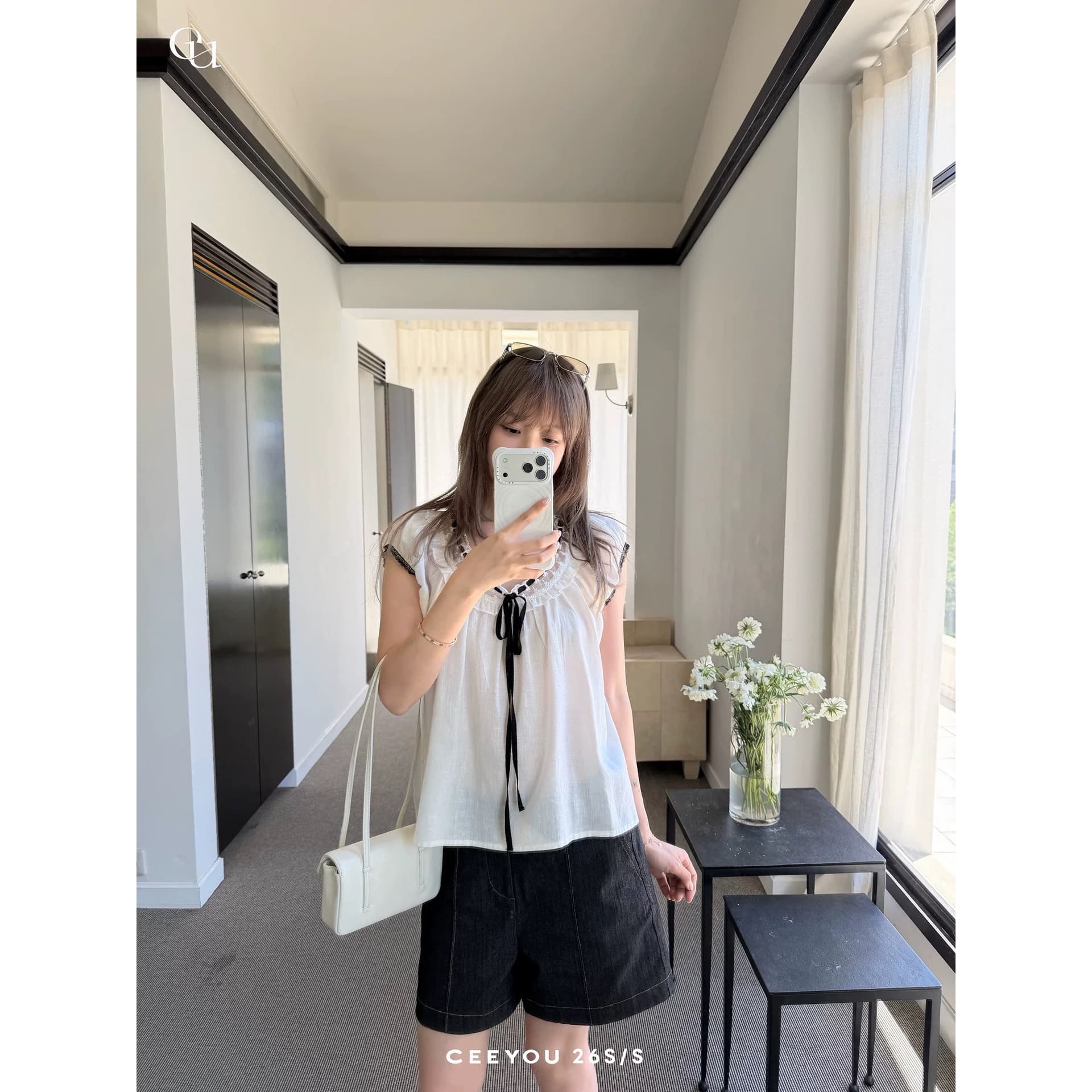 ceeyou 배색 레이스업 펌프 칼라 100 라이 경기 서울 작은 셔츠 여름 거품 소매 쉬폰 블라우스 반팔 이미지 5