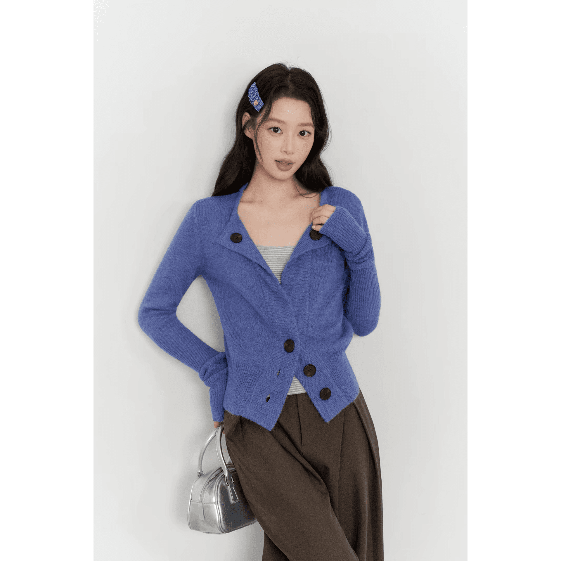 maxment 디자인 센스 특별 조정 블루 모헤어 허리 수축 스웨터 코트 인사이드 가져 가라. 슬립 세트 이미지 5