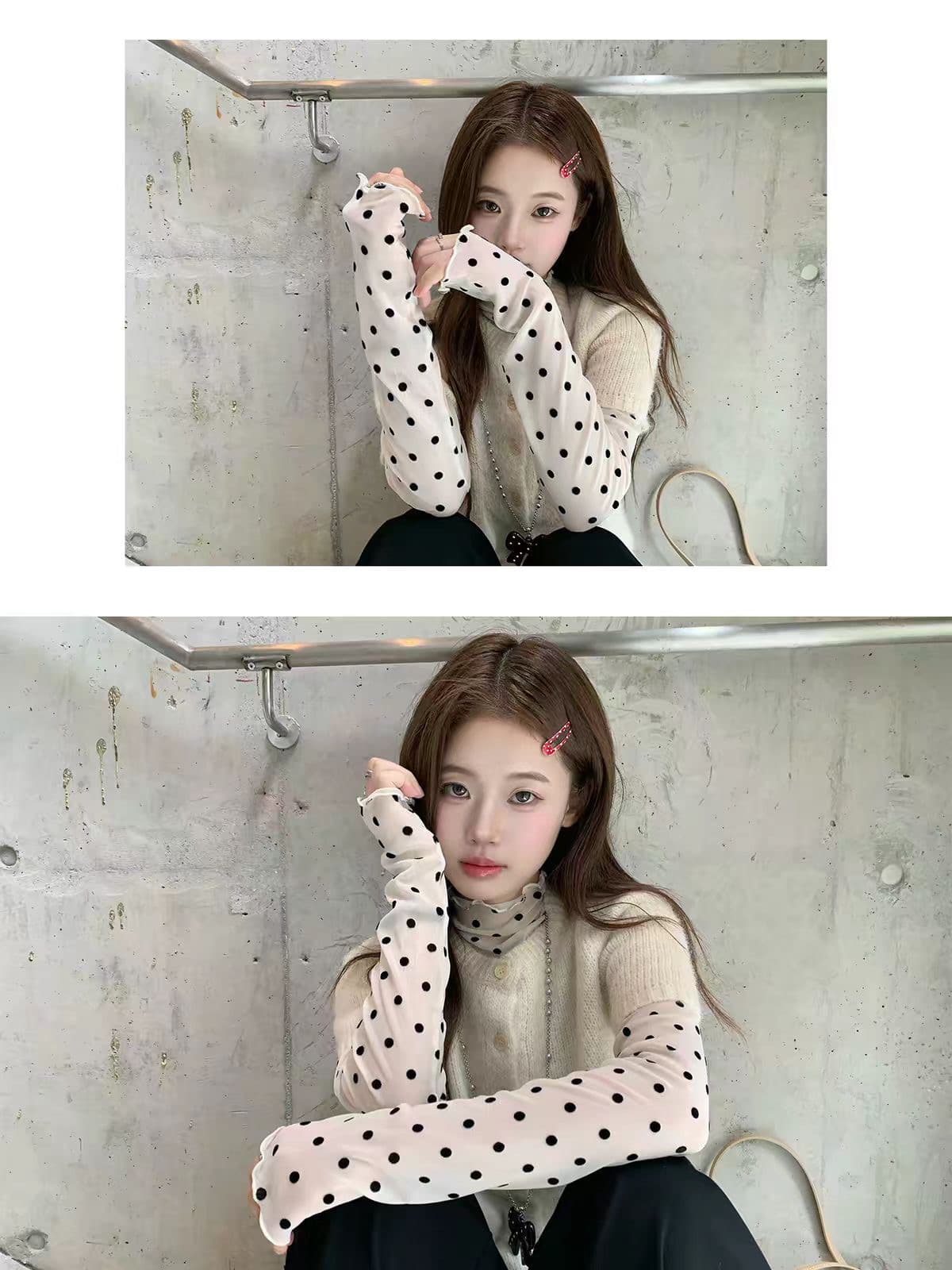 한 부서 아름다운 도트 무늬 티셔츠 여성 가을 레트로 만나는 부드러운 프릴 인사이드 가져 가라. 만나는 맨위 상세 이미지 4