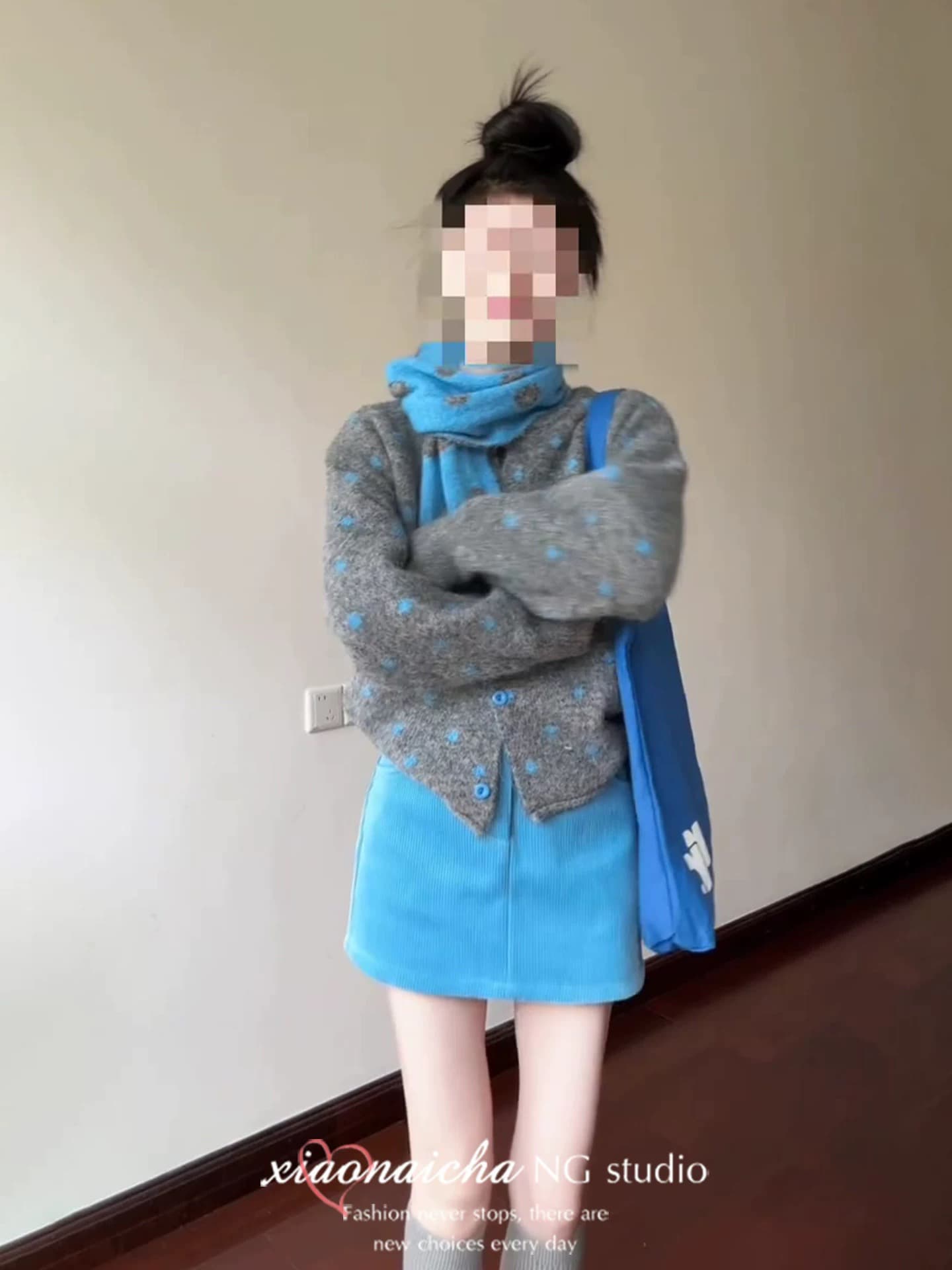 한 부서 착용 가져 가라. 회색 도트 무늬 스웨터 니트 오픈 가디건 여성 가을 겨울철 느긋한 루즈핏 캐주얼 한 마디 반 스커트 세트 이미지 4