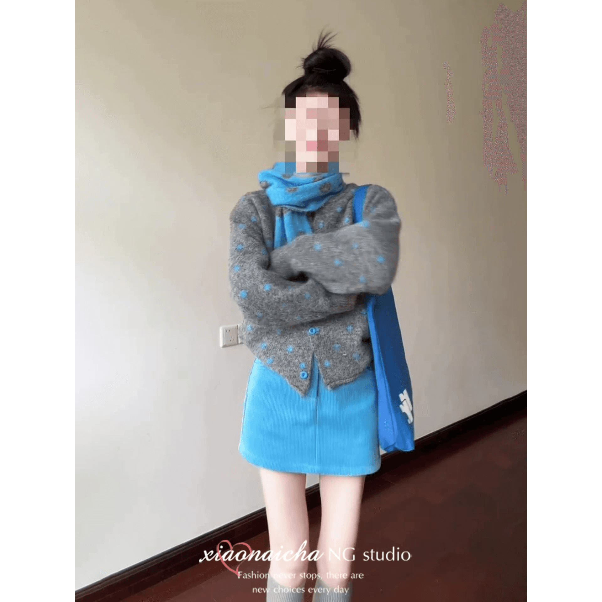 한 부서 착용 가져 가라. 회색 도트 무늬 스웨터 니트 오픈 가디건 여성 가을 겨울철 느긋한 루즈핏 캐주얼 한 마디 반 스커트 세트 이미지 5
