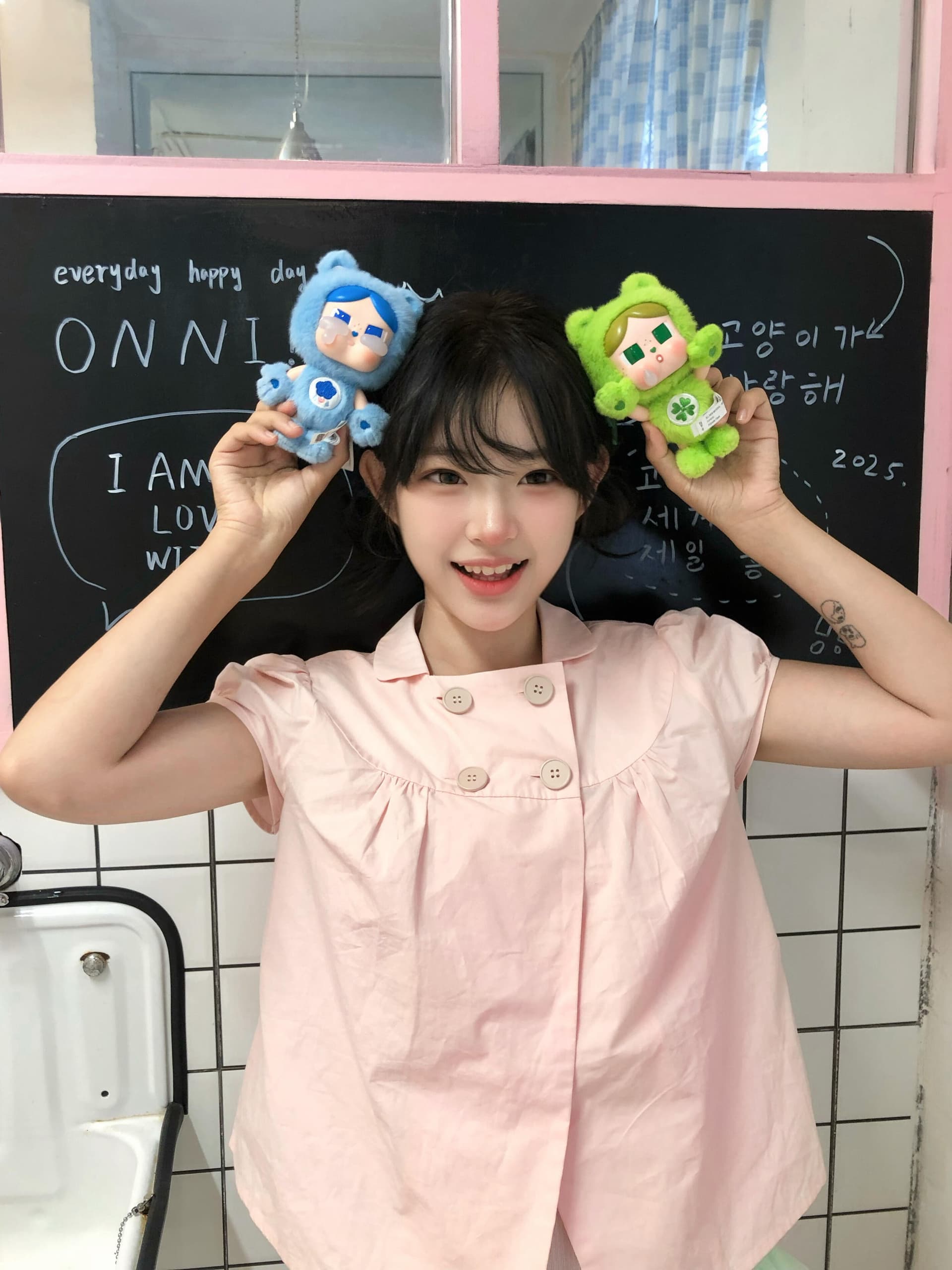 eatmeplz 핑크색 베이비 칼라 이중 버튼 반팔 면 셔츠 다용도 쇼트 스타일 맨위