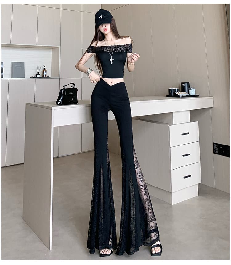 인기 검정색 레이스 망사 패치워크 플레어 바지 여름 얇은 스타일 통기성 자외선 차단 얼음 실크 에어컨 바지 캐주얼 바지 상세 이미지 21