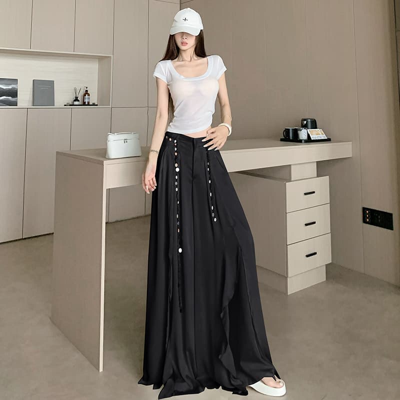 베이지 색 캐주얼 바지 여성 여름 얇은 스타일 패션 하이웨이스트 와이드 레그 팬츠 치마 불규칙 프릴 트임 바닥 청소 바지 이미지 3