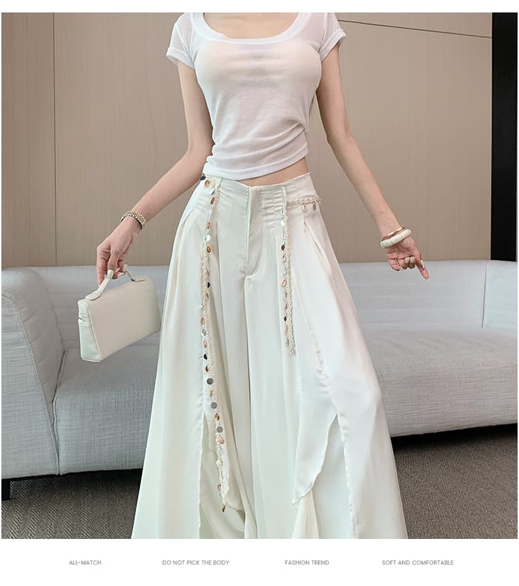베이지 색 캐주얼 바지 여성 여름 얇은 스타일 패션 하이웨이스트 와이드 레그 팬츠 치마 불규칙 프릴 트임 바닥 청소 바지 상세 이미지 13