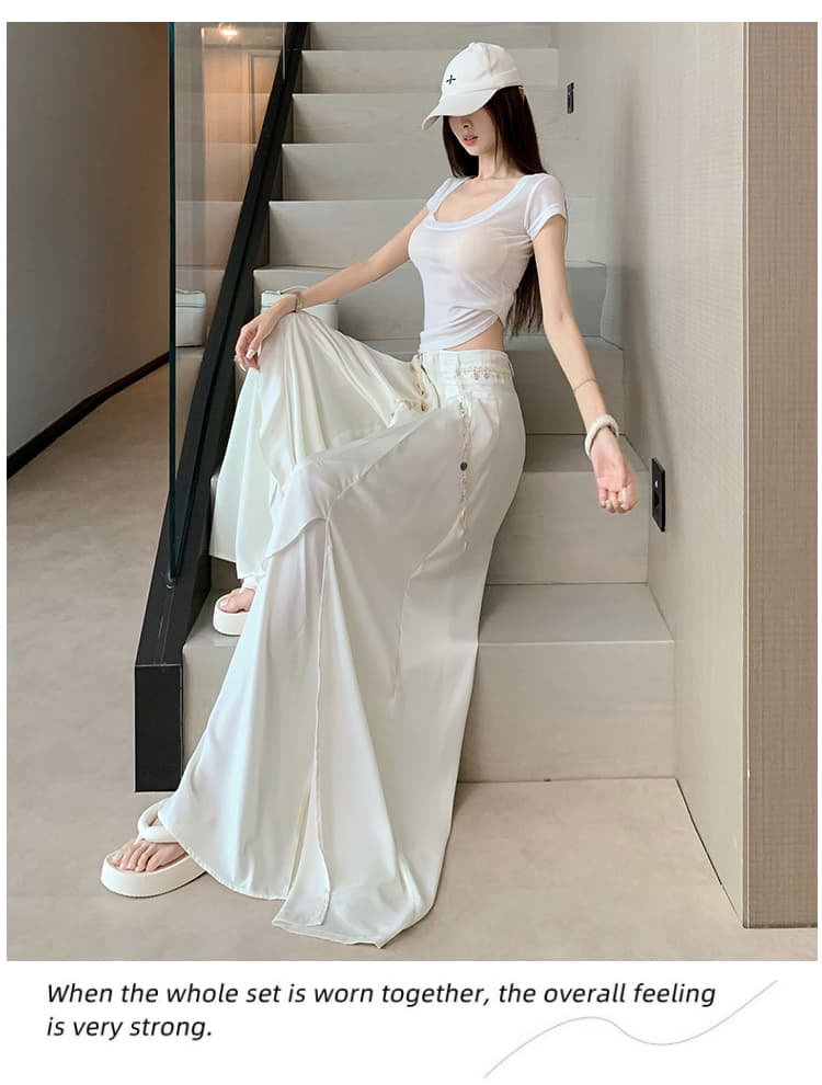 베이지 색 캐주얼 바지 여성 여름 얇은 스타일 패션 하이웨이스트 와이드 레그 팬츠 치마 불규칙 프릴 트임 바닥 청소 바지 상세 이미지 16