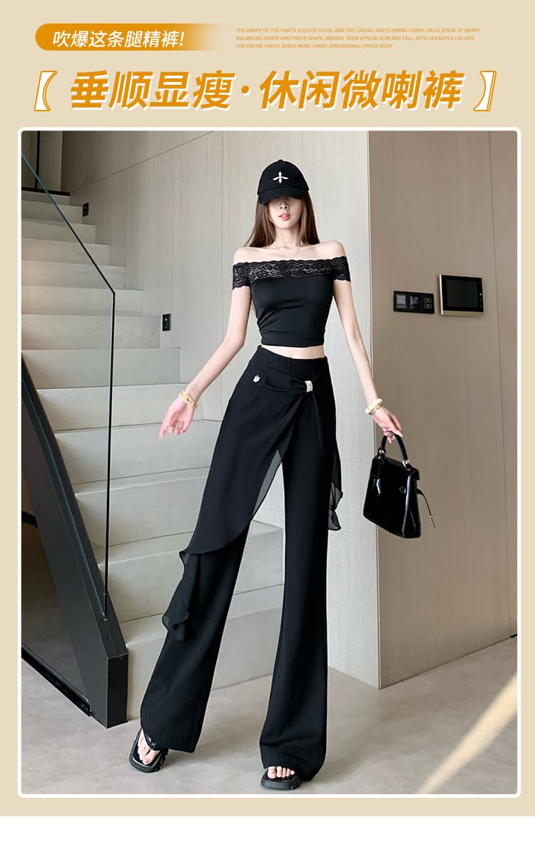 우아한 레이스 조각 부츠컷 바지 여름 얇은 스타일 디자인 센스 랩스커트팬츠 하이웨이스트 캐주얼 바지 디스플레이 높음 슬림해 보이는 몸매 가꾸기 바지 상세 이미지 1