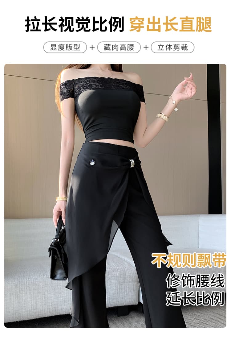 우아한 레이스 조각 부츠컷 바지 여름 얇은 스타일 디자인 센스 랩스커트팬츠 하이웨이스트 캐주얼 바지 디스플레이 높음 슬림해 보이는 몸매 가꾸기 바지 상세 이미지 3