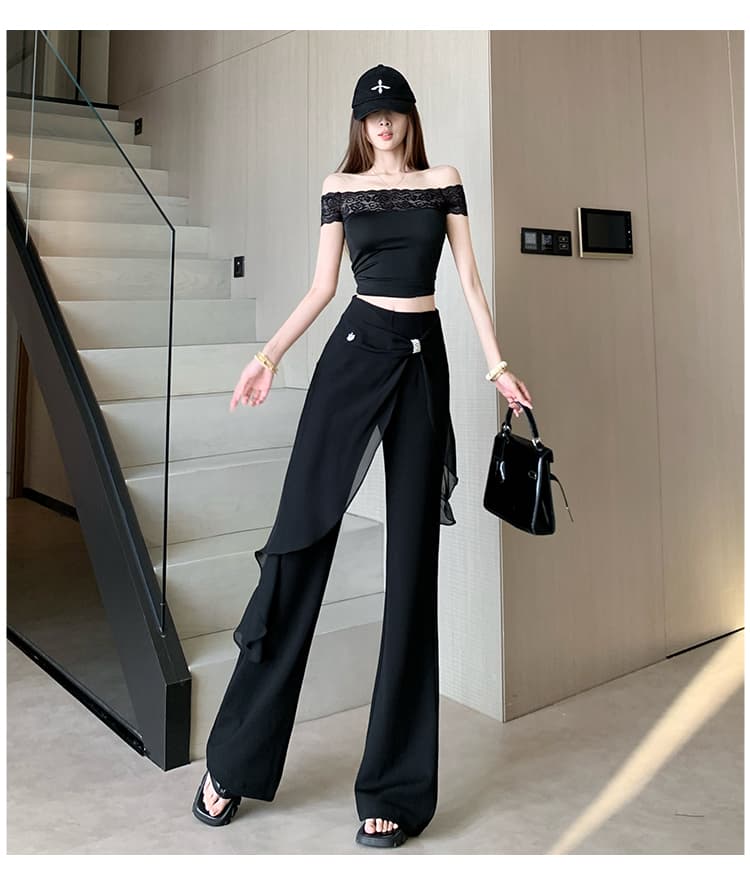 우아한 레이스 조각 부츠컷 바지 여름 얇은 스타일 디자인 센스 랩스커트팬츠 하이웨이스트 캐주얼 바지 디스플레이 높음 슬림해 보이는 몸매 가꾸기 바지 상세 이미지 17