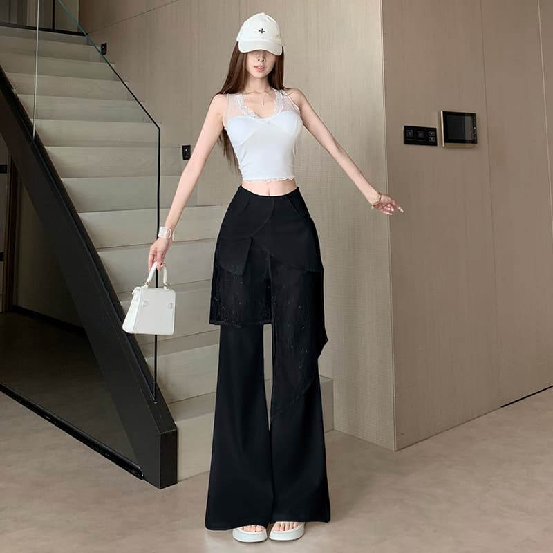 화이트 스택 착용 랩스커트팬츠 와이드 레깅스 바지 여름 얇은 스타일 페이크 레이어드 패치워크 하이웨이스트 도루 센스 스트레이트 바닥 청소 캐주얼 바지 이미지 4