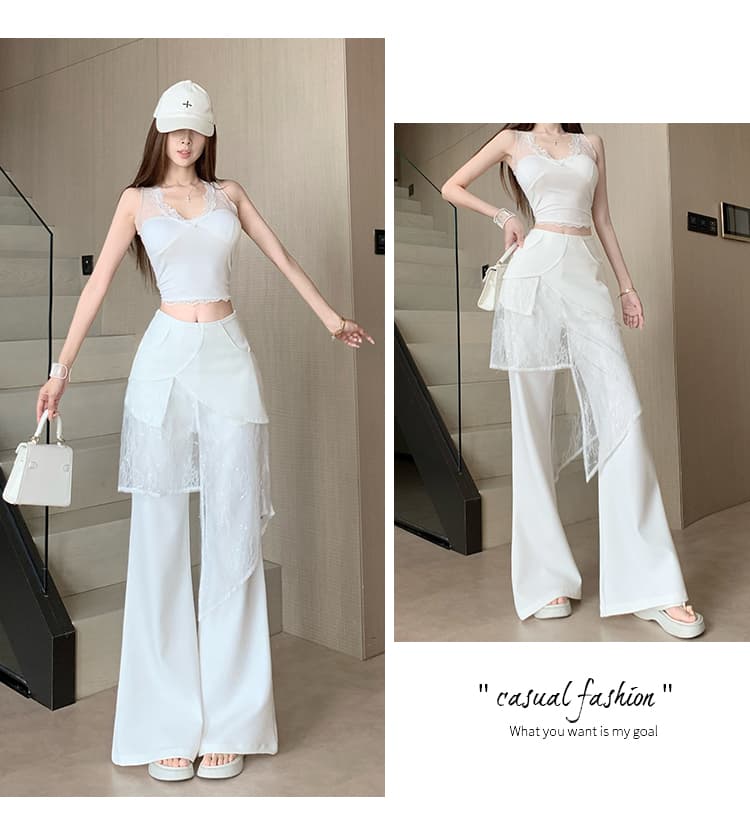 화이트 스택 착용 랩스커트팬츠 와이드 레깅스 바지 여름 얇은 스타일 페이크 레이어드 패치워크 하이웨이스트 도루 센스 스트레이트 바닥 청소 캐주얼 바지 상세 이미지 16