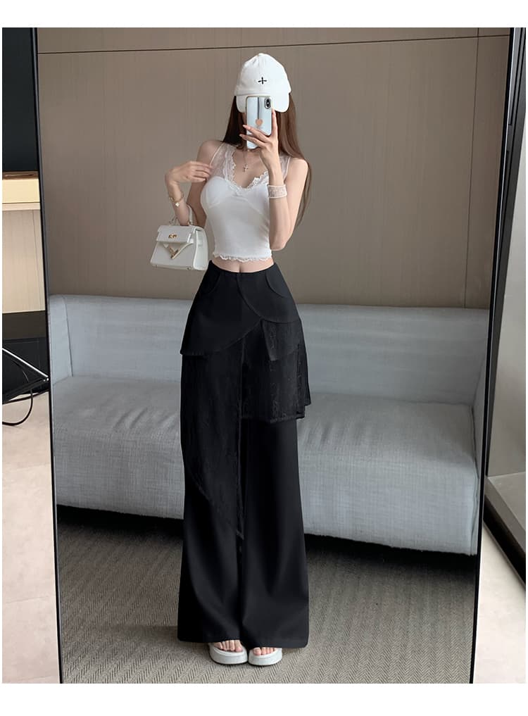 화이트 스택 착용 랩스커트팬츠 와이드 레깅스 바지 여름 얇은 스타일 페이크 레이어드 패치워크 하이웨이스트 도루 센스 스트레이트 바닥 청소 캐주얼 바지 상세 이미지 26